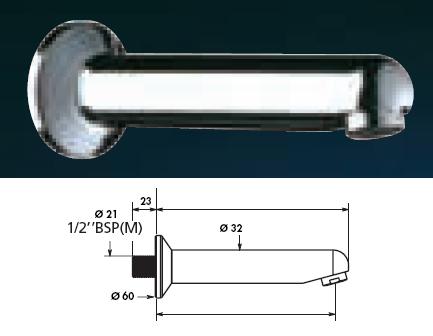 Wall Spout Diameter (  ) 32 L. 135 With Plate Flow-Restrictor 6 l/min. - DD 947135