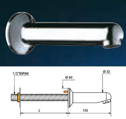Wall Spout Diameter (  ) 32 L. 135 With Plate Flow-Restrictor 6 l/min. - DD 947151