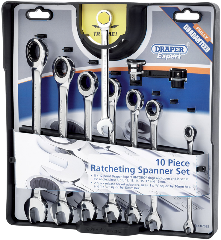Expert 10 Piece Draper Expert Hi-Torq® Metric Ratcheting Combination Spanner Set - 07035 