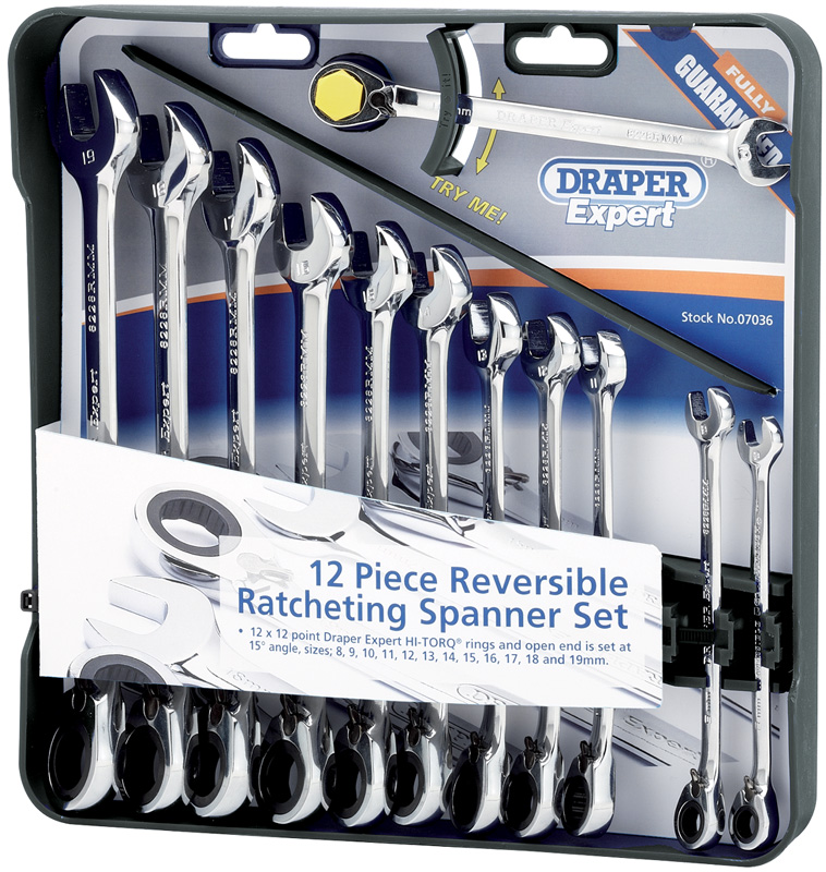 Expert 12 Piece Draper Expert Hi-Torq® Metric Reversible Ratcheting Combination Spanner Set - 07036 