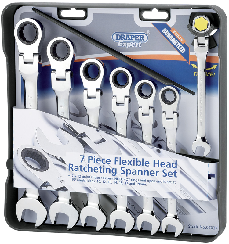 Expert 7 Piece Draper Expert Hi-Torq® Metric Flexible Head Ratcheting Combination Spanner S - 07037 