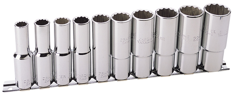 Expert 10mm - 24mm 1/2" Square Drive Hi-Torq® 10 Piece Socket Set On Rail - 12686 