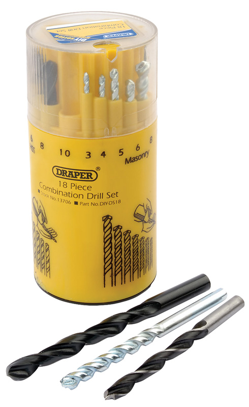 DIY Series 19 Piece Combined Metric HSS, Masonry And Wood Boring Drill Set - 13706 