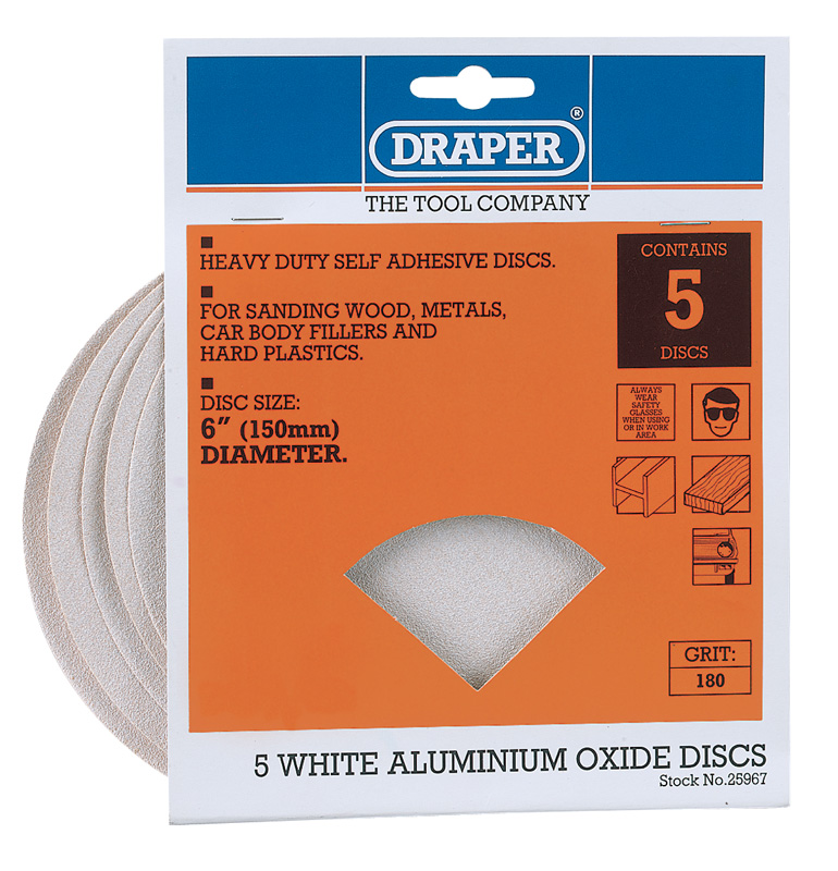 Five 150mm 180 Grit Aluminium Oxide Sanding Discs - 25967 