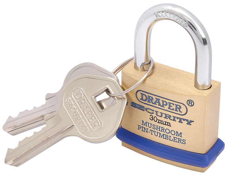 30mm Solid Brass Padlock And 2 Keys With Mushroom Pin Tumblers Hardened Steel Shackle And Bumper - 64160 