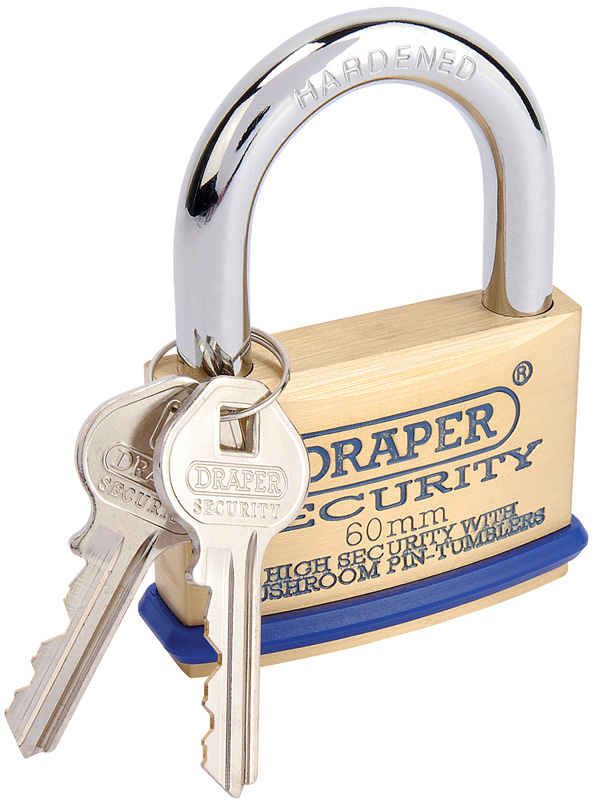 60mm Solid Brass Padlock And 2 Keys With Mushroom Pin Tumblers Hardened Steel Shackle And Bumper - 64163 