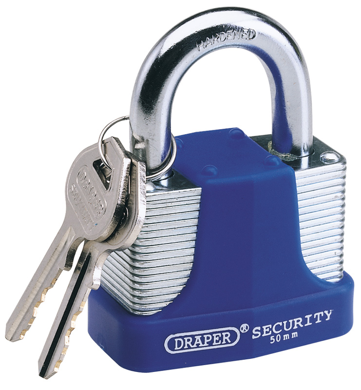 65mm Laminated Steel Padlock And 2 Keys With Hardened Steel Shackle And Bumper - 64183 