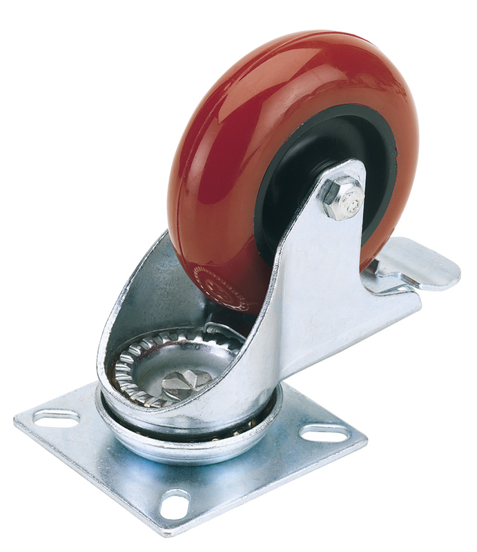 100mm Diameter Swivel Plate Fixing Polyurethane Wheel With Brake - S.w.l. 125kg - 65519 