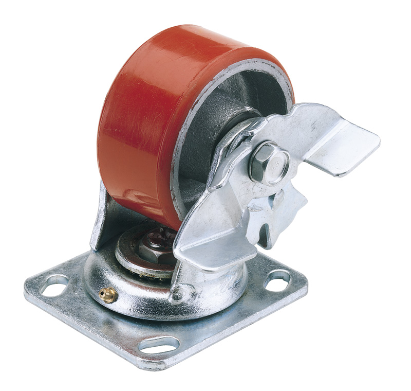 125mm Diameter Swivel Plate Fixing Heavy Duty Polyurethane Wheel With Brake - S.w.l. 300kg - 65527 