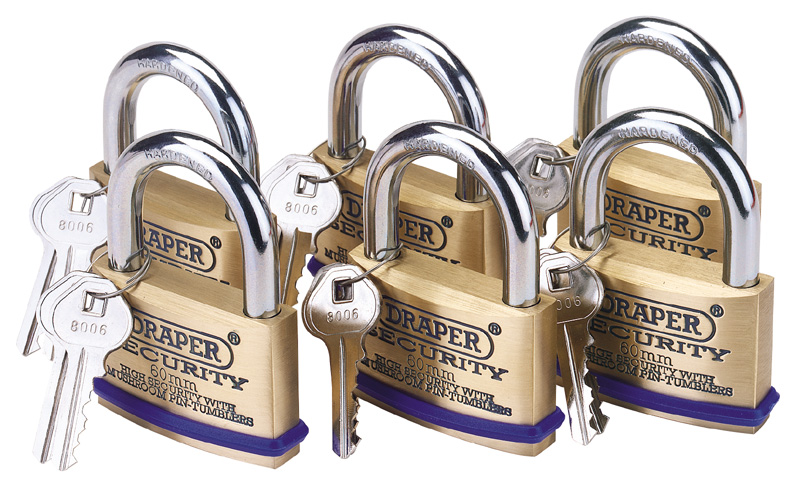 Pack Of 6 X 60mm Solid Brass Padlocks With Hardened Steel Shackle - 67663 