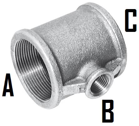 1.1/2" x 1" x 1.1/2" (A x B x C) Unequal Reducing Branch Tee - C161-112-1