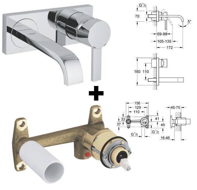 Grohe - Allure Basin Mixer 1/2", 3 Hole, 1 Handle, Wall Mounted & Concealed Body - 19309+33769 - 19309000+33769000