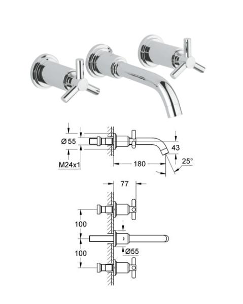 Grohe - Atrio - 3-Hole Wall Mounted Ypsilon Basin Mixer Without Body - 20164000 - 20164