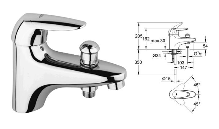 Grohe - Eurodisc - 1TH Single Lever Bath/Shower Mixer HP/LP - 33358000 - 33358