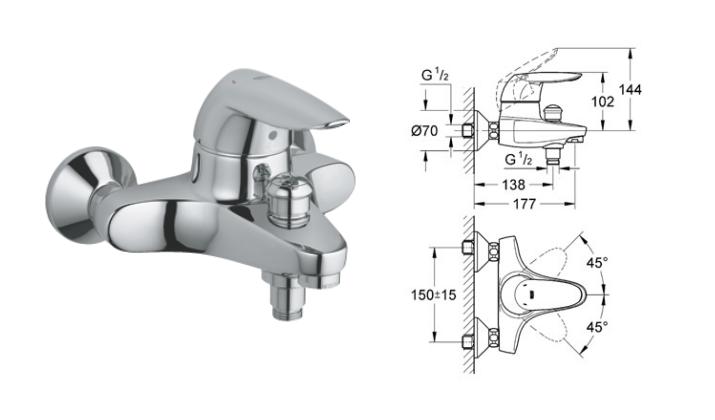 Grohe - Eurodisc - Bath/Shower Mixer Wall Mounted HP/LP - 33364000 - 33364