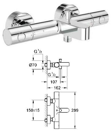 Grohe - Grohtherm 1000 Cosmopolitan Thermostatic Bath/Shower Mixer 1/2" Wall Mounted - 34 215 000 - 34215