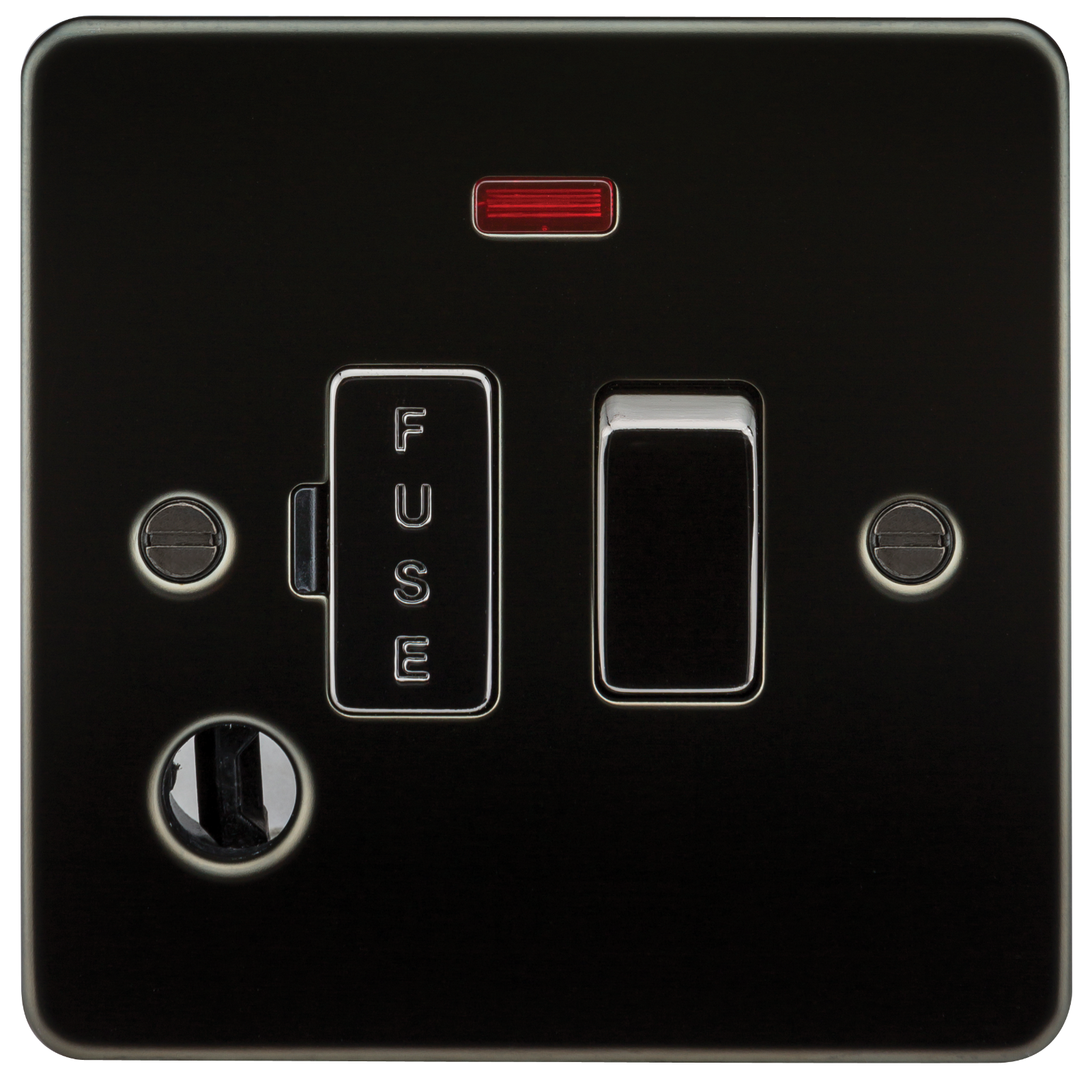 Flat Plate 13A Switched Fused Spur Unit With Neon And Flex Outlet - Gunmetal - FP6300FGM 