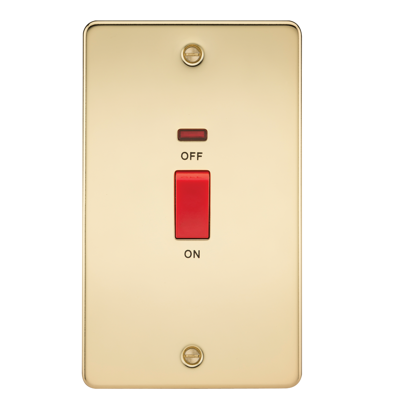 Flat Plate 45A 2G DP Switch With Neon - Polished Brass - FP8332NPB 