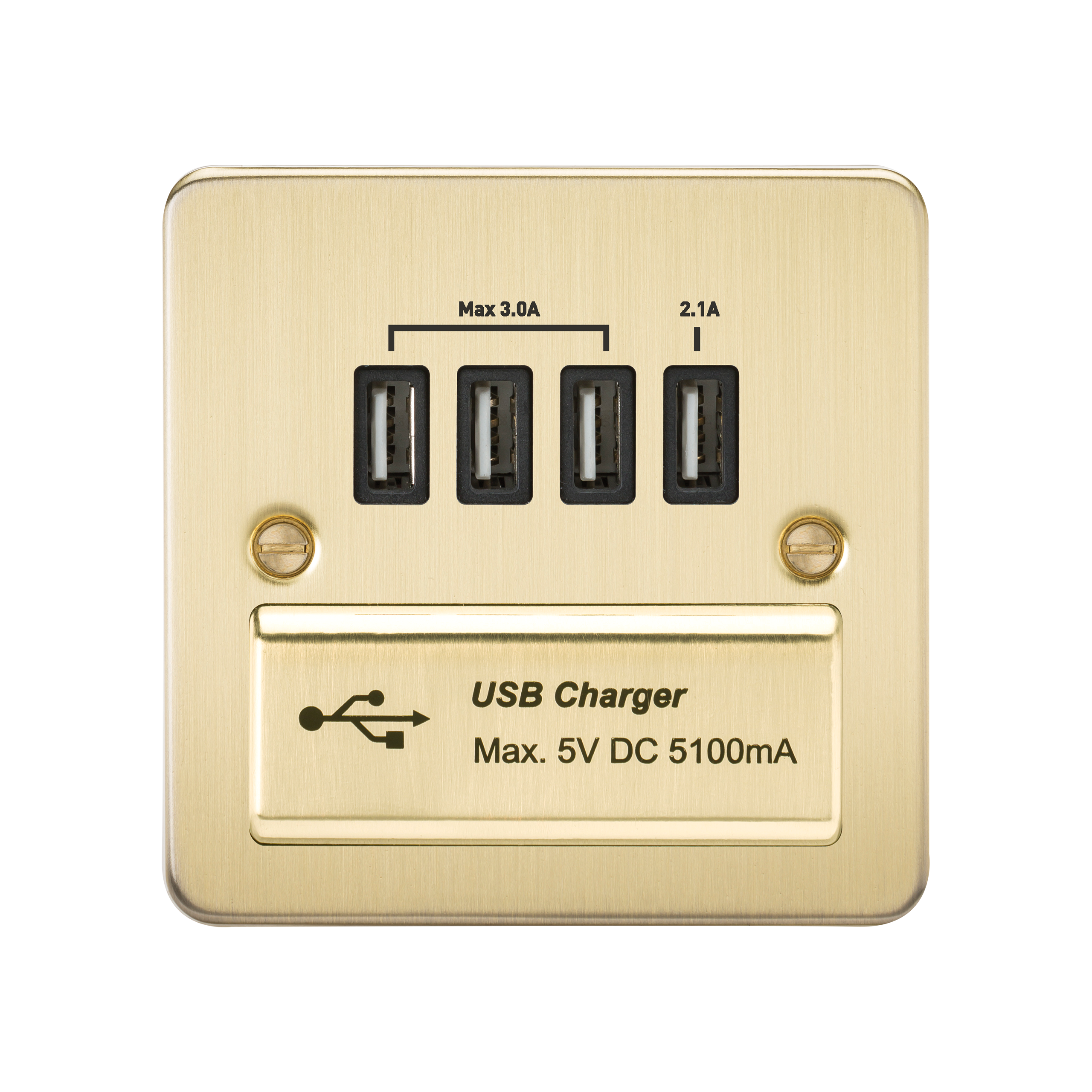 Flat Plate Quad USB Charger Outlet - Brushed Brass With Black Insert - FPQUADBB 