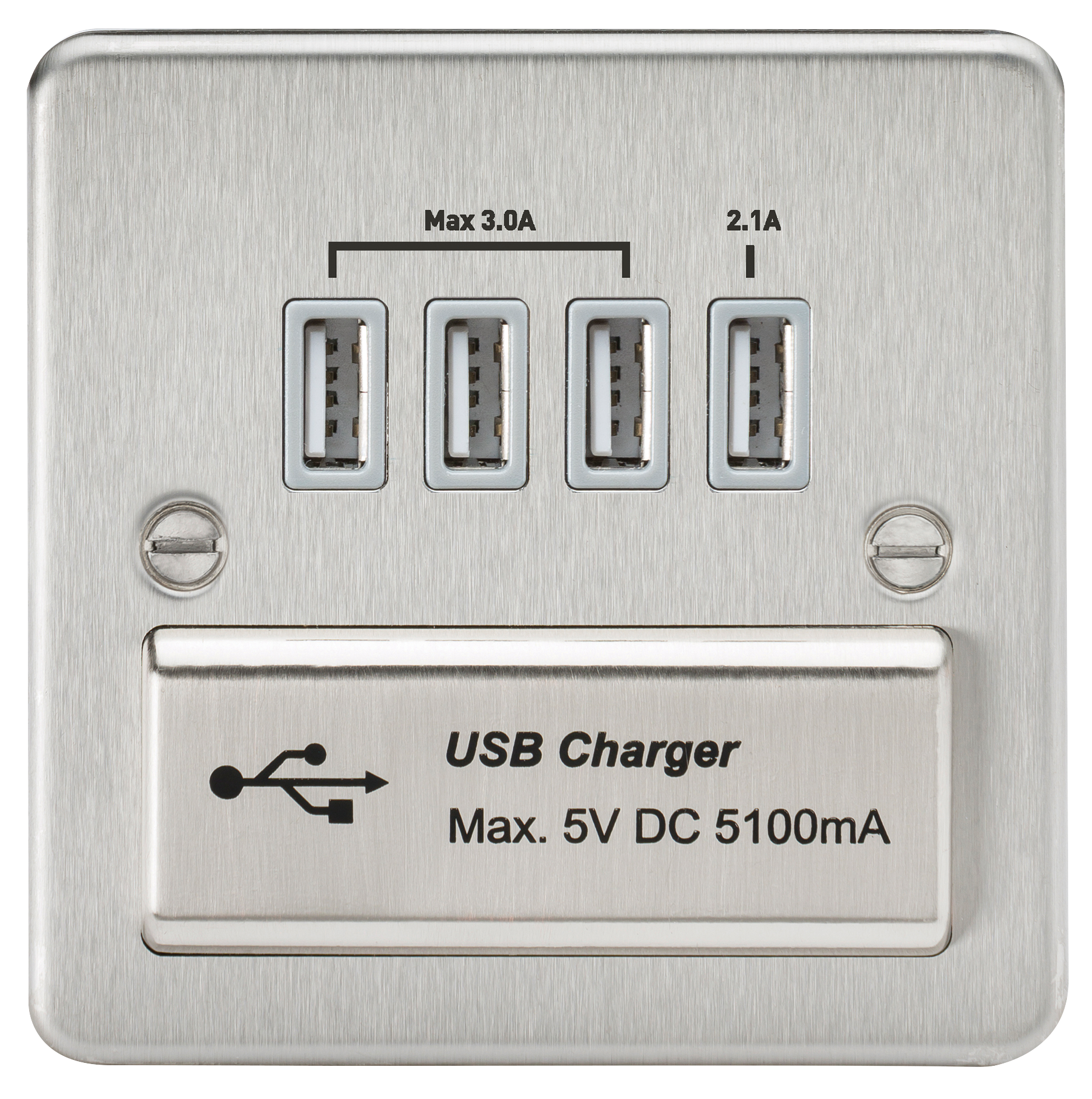 Flat Plate Quad USB Charger Outlet - Brushed Chrome With Grey Insert - FPQUADBCG 