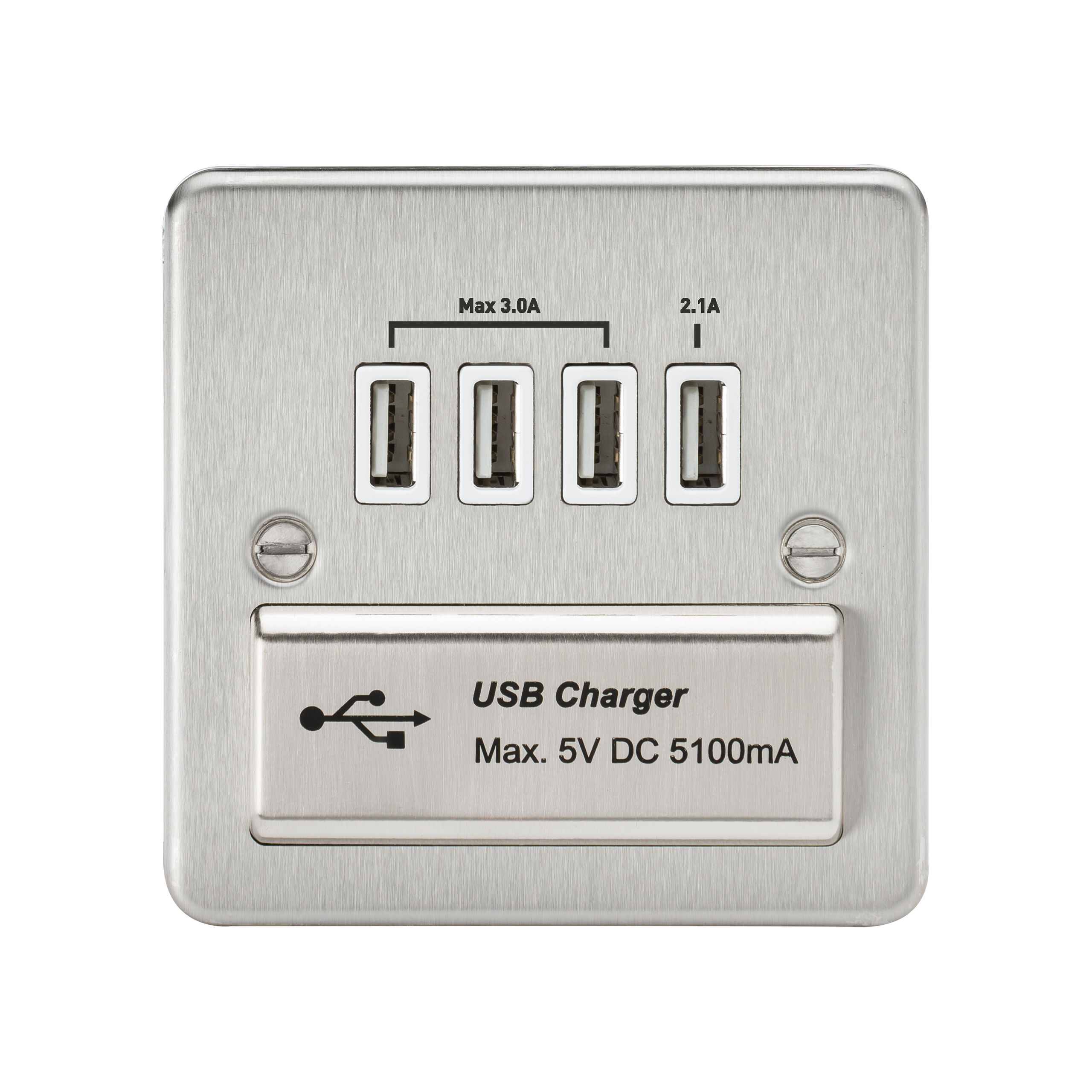 Flat Plate Quad USB Charger Outlet - Brushed Chrome With White Insert - FPQUADBCW 