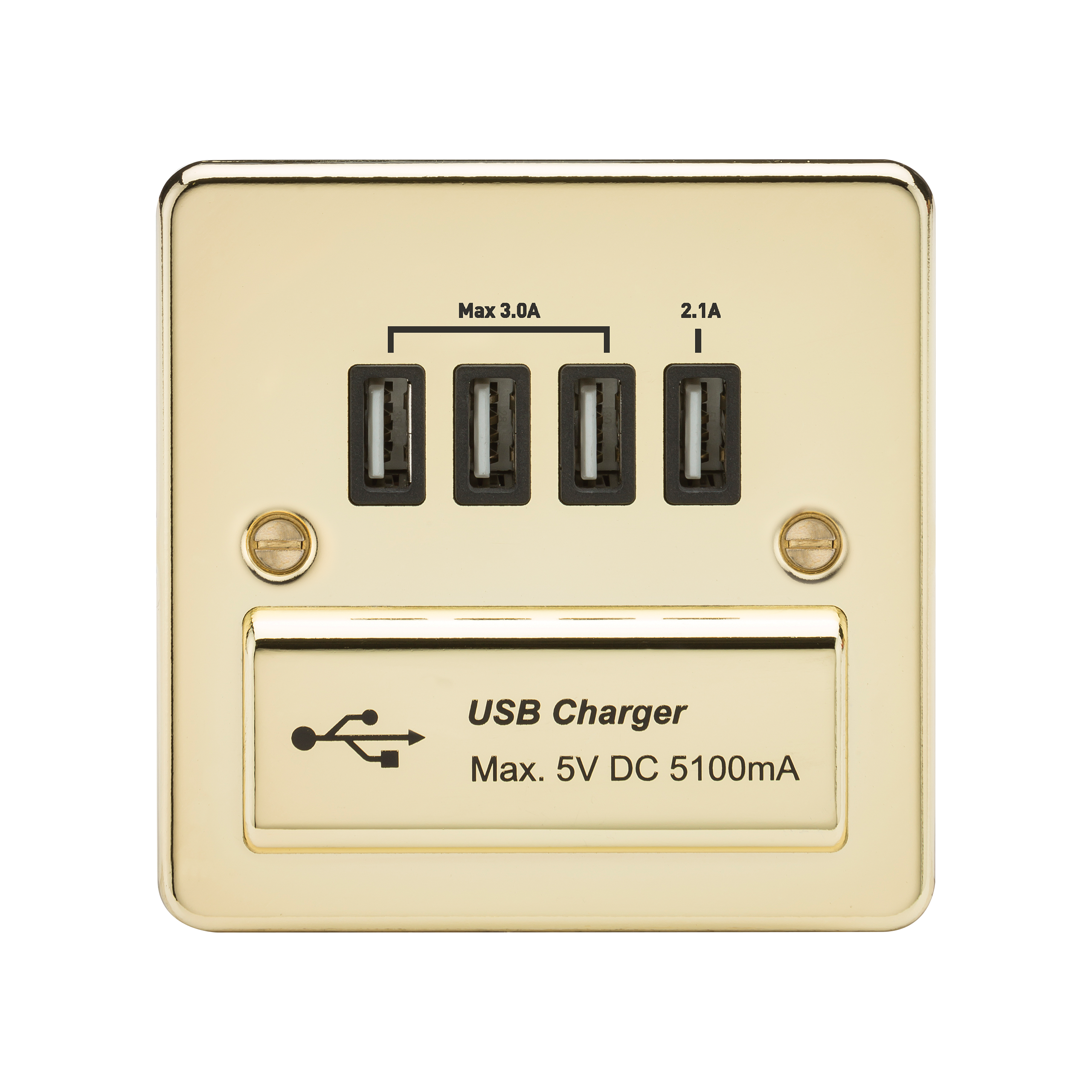 Flat Plate Quad USB Charger Outlet - Polished Brass With Black Insert - FPQUADPB 