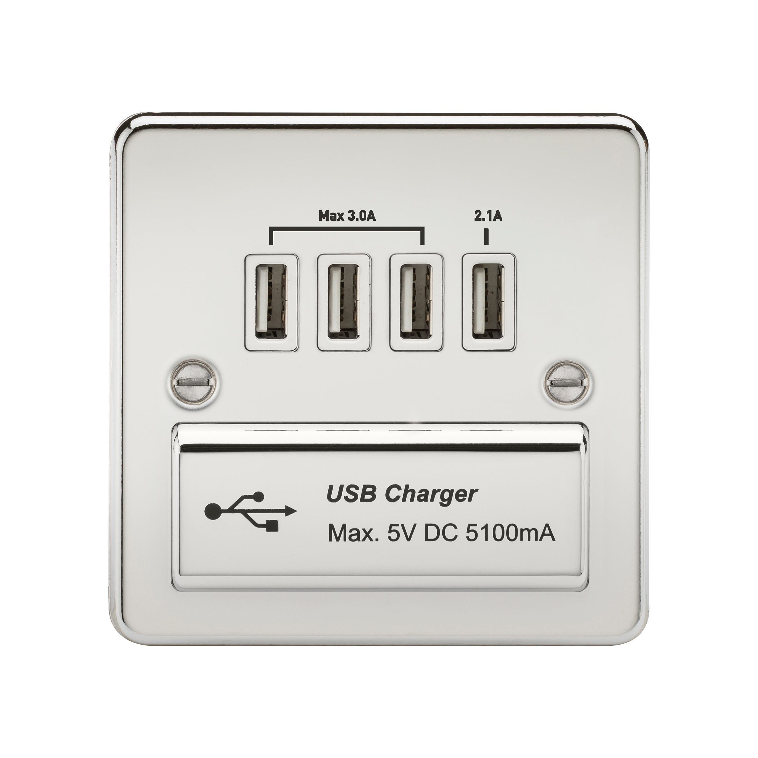 Flat Plate Quad USB Charger Outlet - Polished Chrome With White Insert - FPQUADPCW 