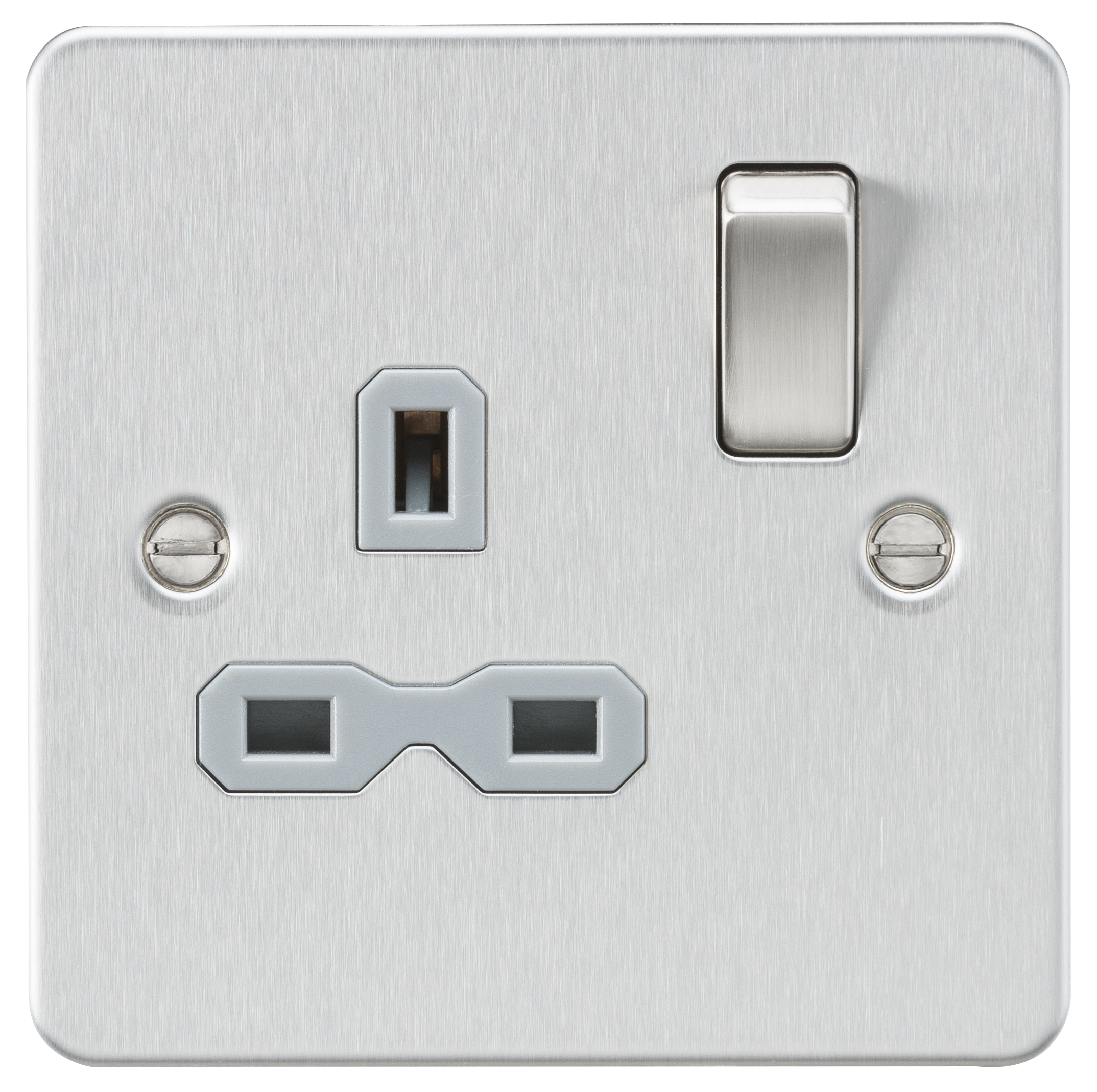Flat Plate 13A 1G DP Switched Socket - Brushed Chrome With Grey Insert - FPR7000BCG 