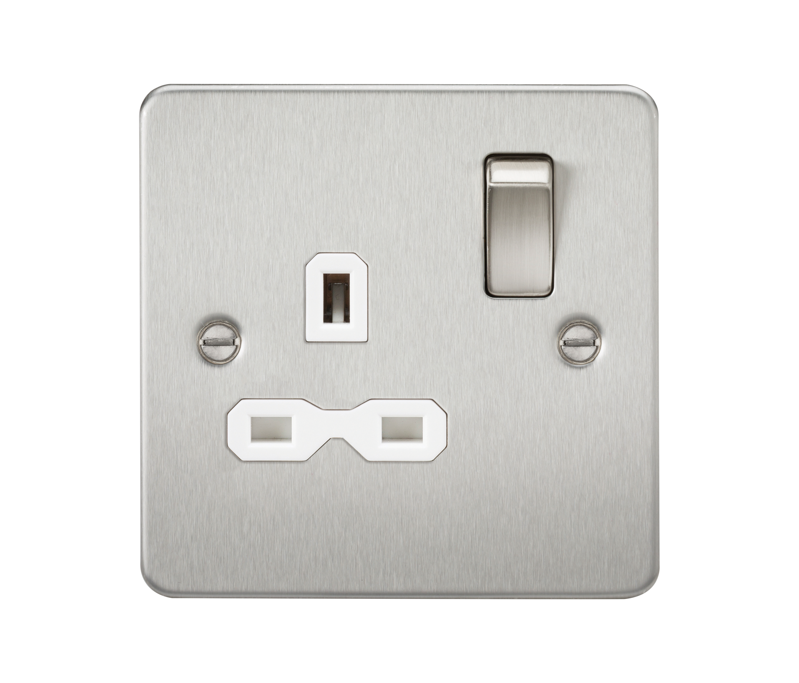 Flat Plate 13A 1G DP Switched Socket - Brushed Chrome With White Insert - FPR7000BCW 