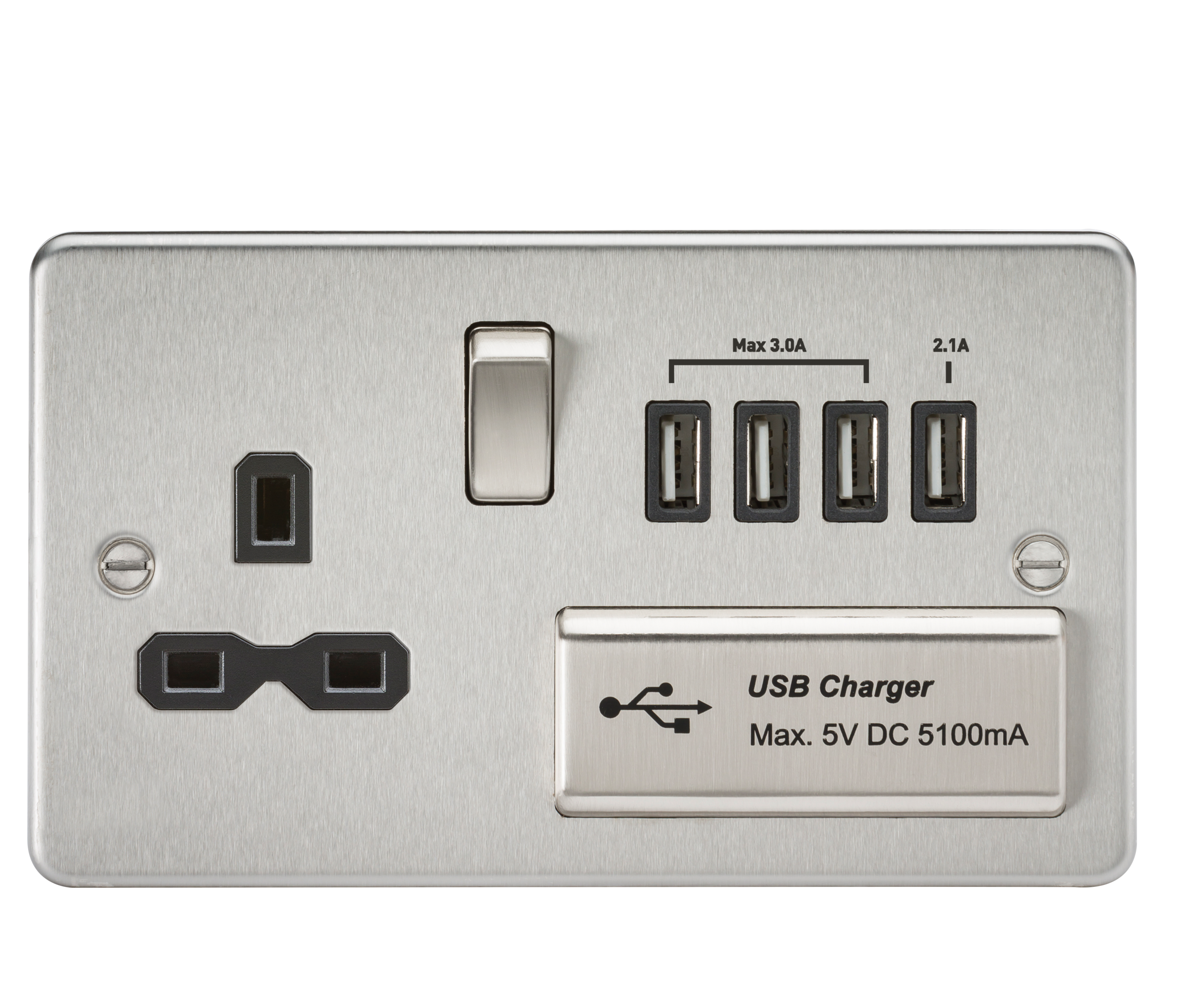 Flat Plate 13A Switched Socket With Quad USB Charger - Brushed Chrome With Black Insert - FPR7USB4BC 