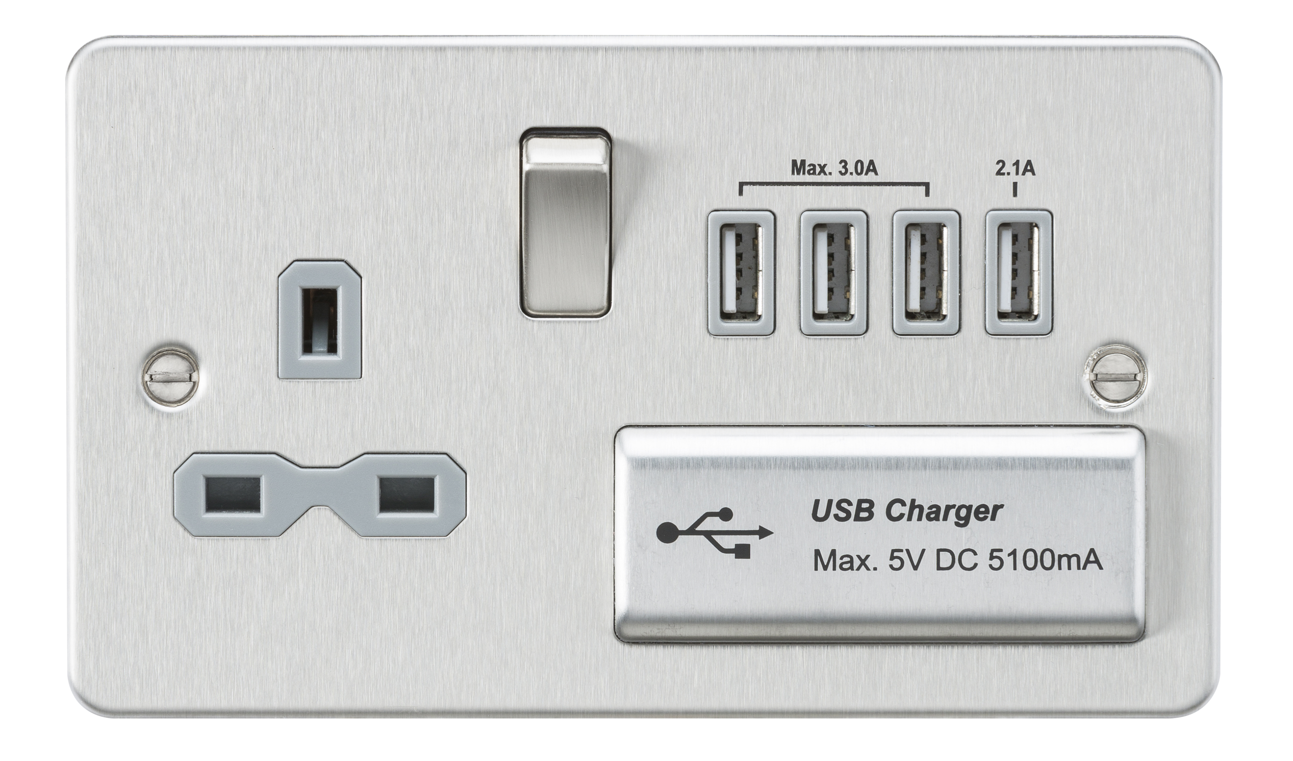 Flat Plate 13A Switched Socket With Quad USB Charger - Brushed Chrome With Grey Insert - FPR7USB4BCG 