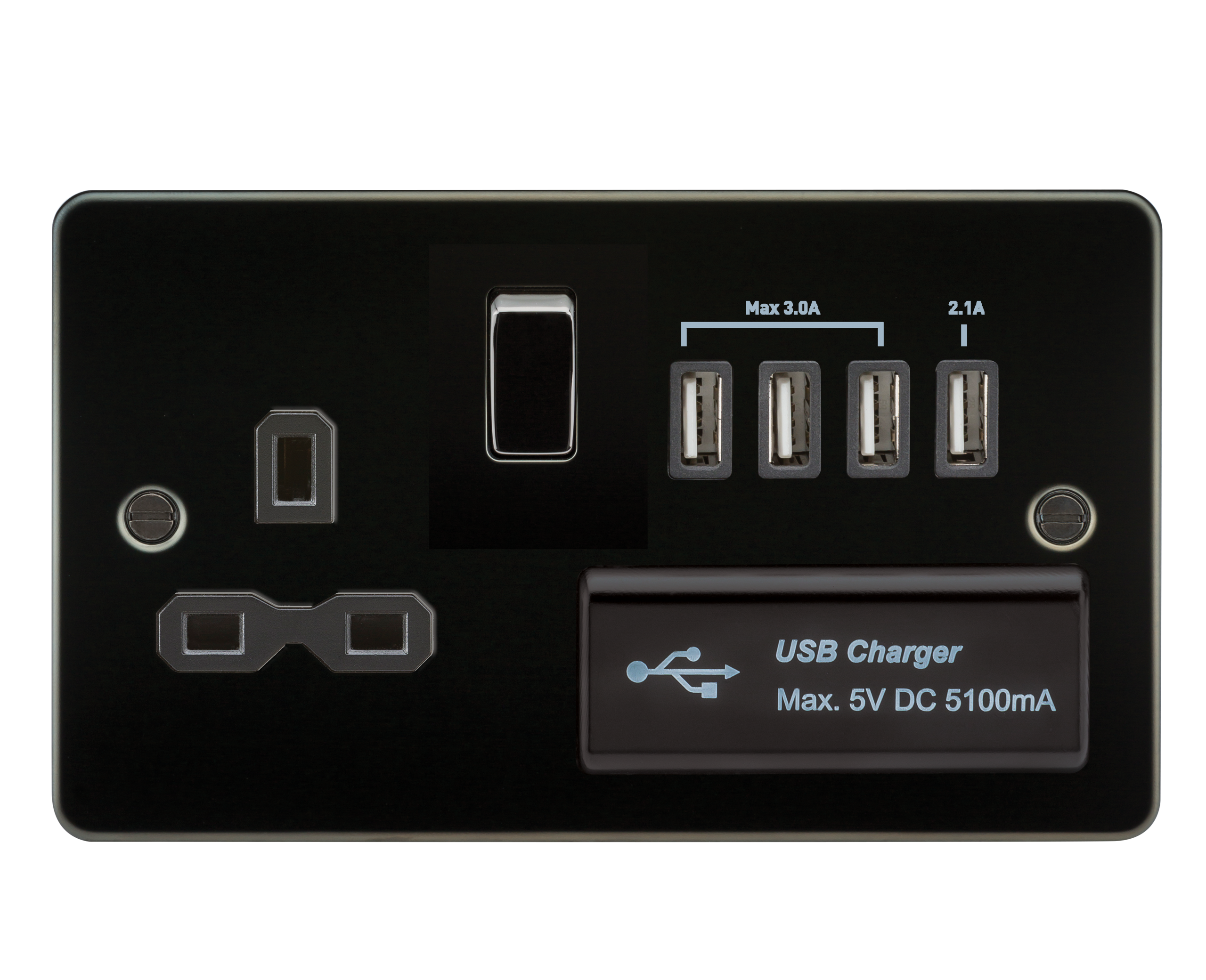 Flat Plate 13A Switched Socket With Quad USB Charger - Gunmetal With Black Insert - FPR7USB4GM 