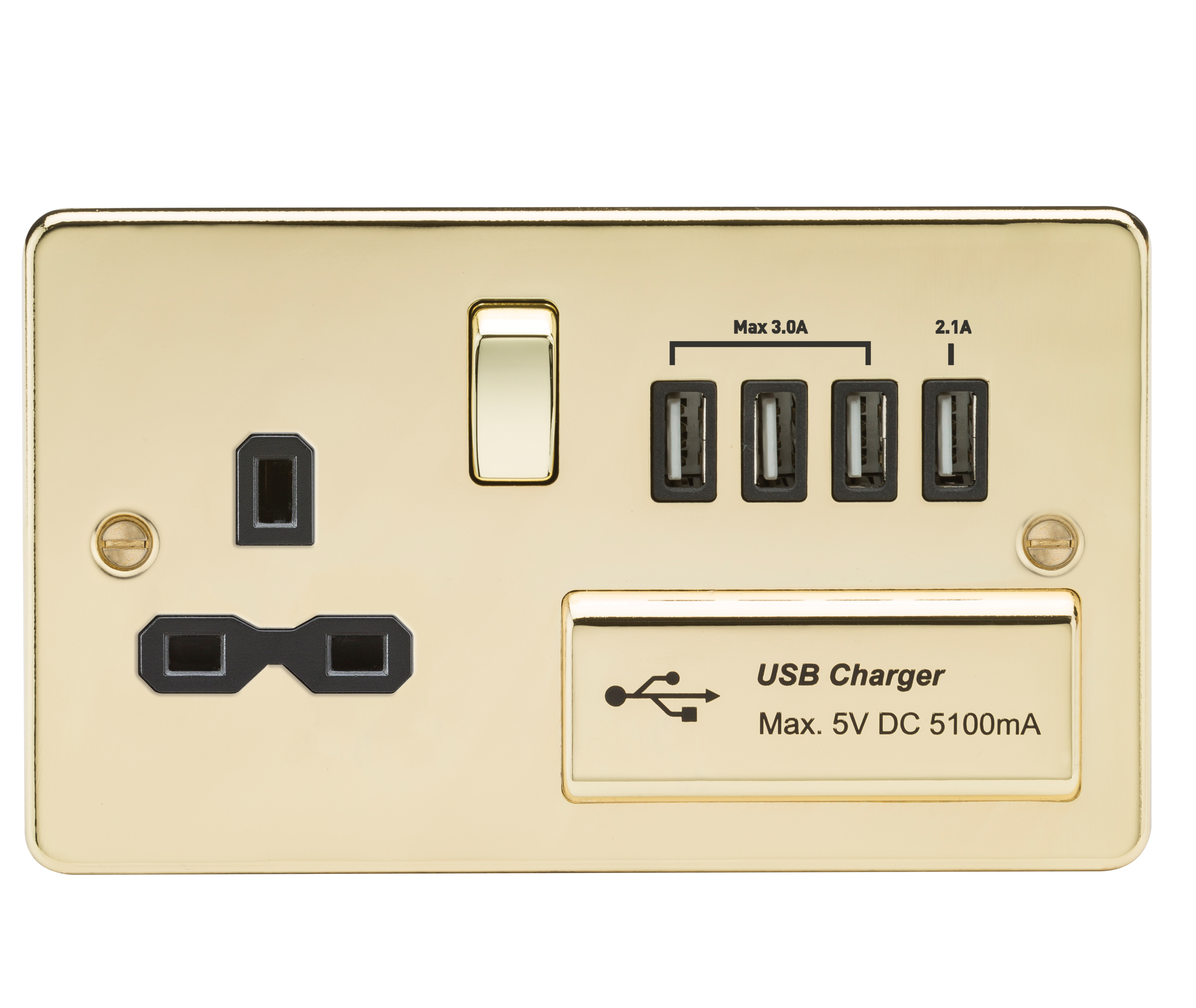 Flat Plate 13A Switched Socket With Quad USB Charger - Polished Brass With Black Insert - FPR7USB4PB 