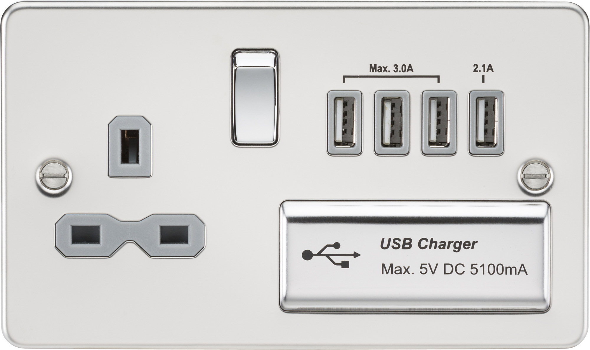 Flat Plate 13A Switched Socket With Quad USB Charger - Polished Chrome With Grey Insert - FPR7USB4PCG 