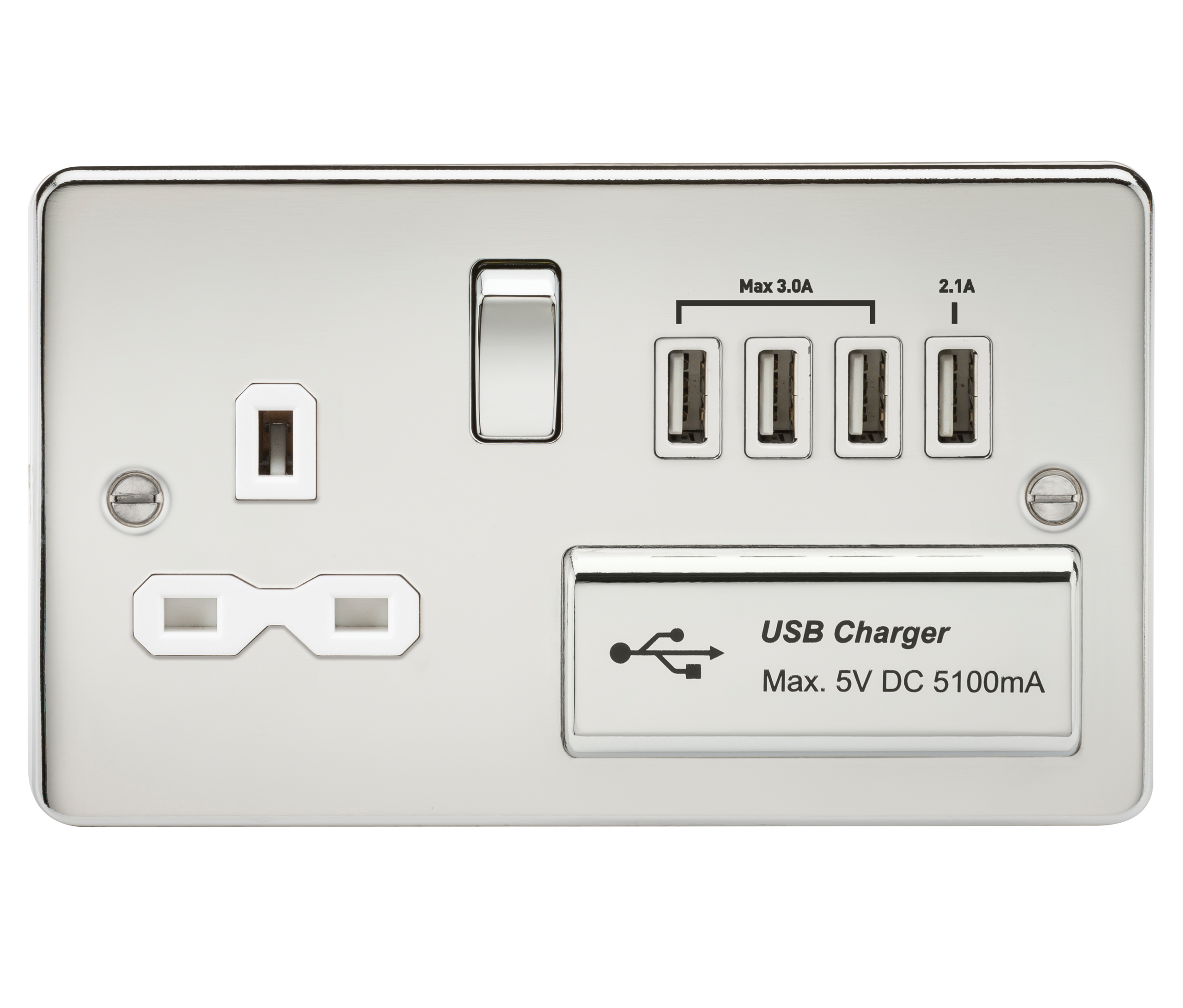 Flat Plate 13A Switched Socket With Quad USB Charger - Polished Chrome With White Insert - FPR7USB4PCW 