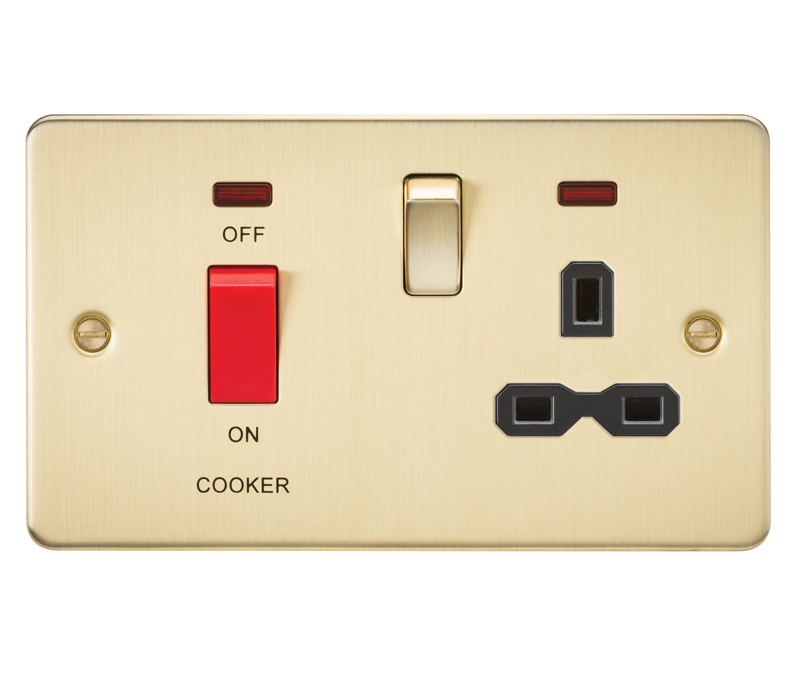 Flat Plate 45A DP Switch And 13A Switched Socket With Neon - Brushed Brass With Black Insert - FPR8333NBB 