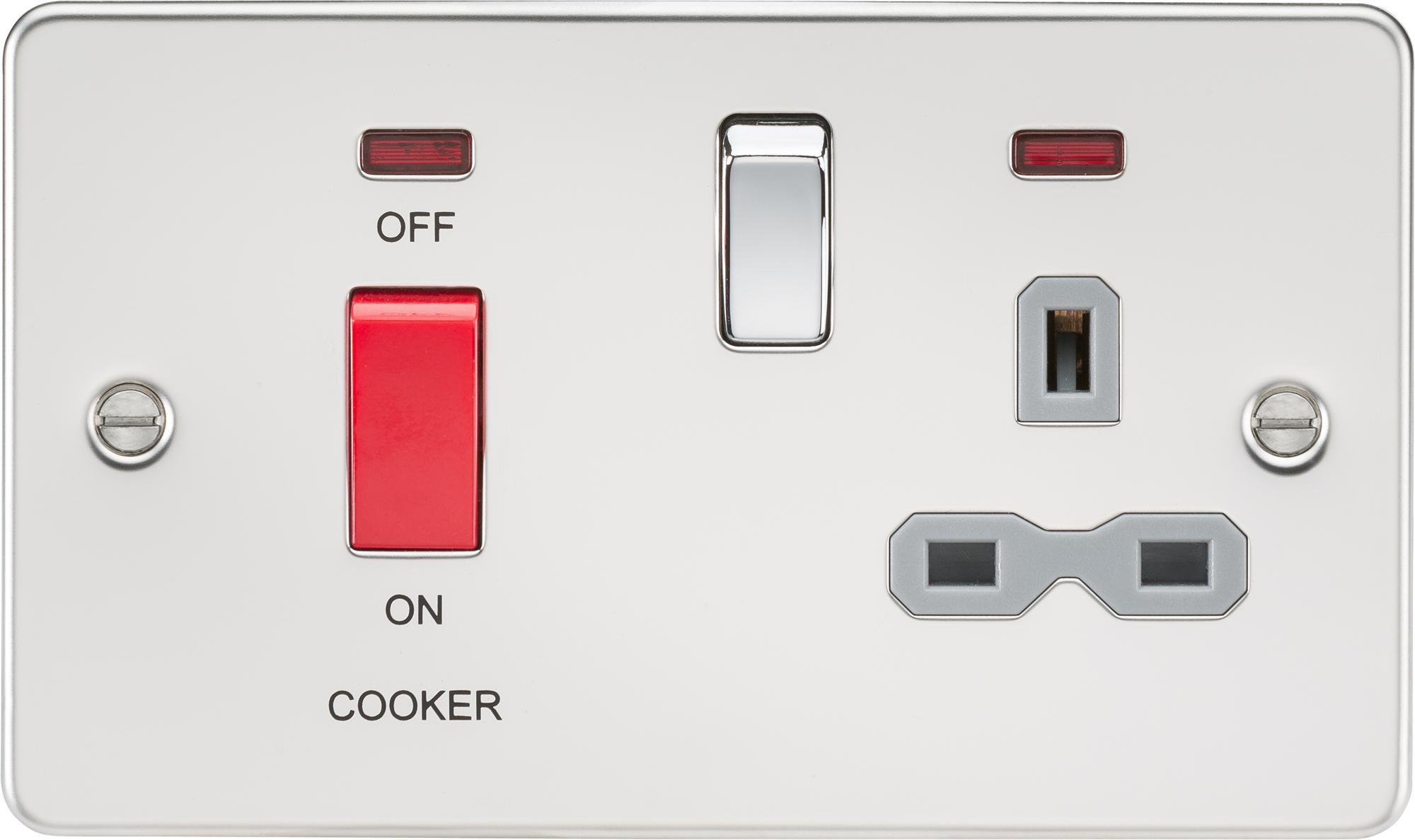 Flat Plate 45A DP Switch And 13A Switched Socket With Neon - Polished Chrome With Grey Insert - FPR8333NPCG 