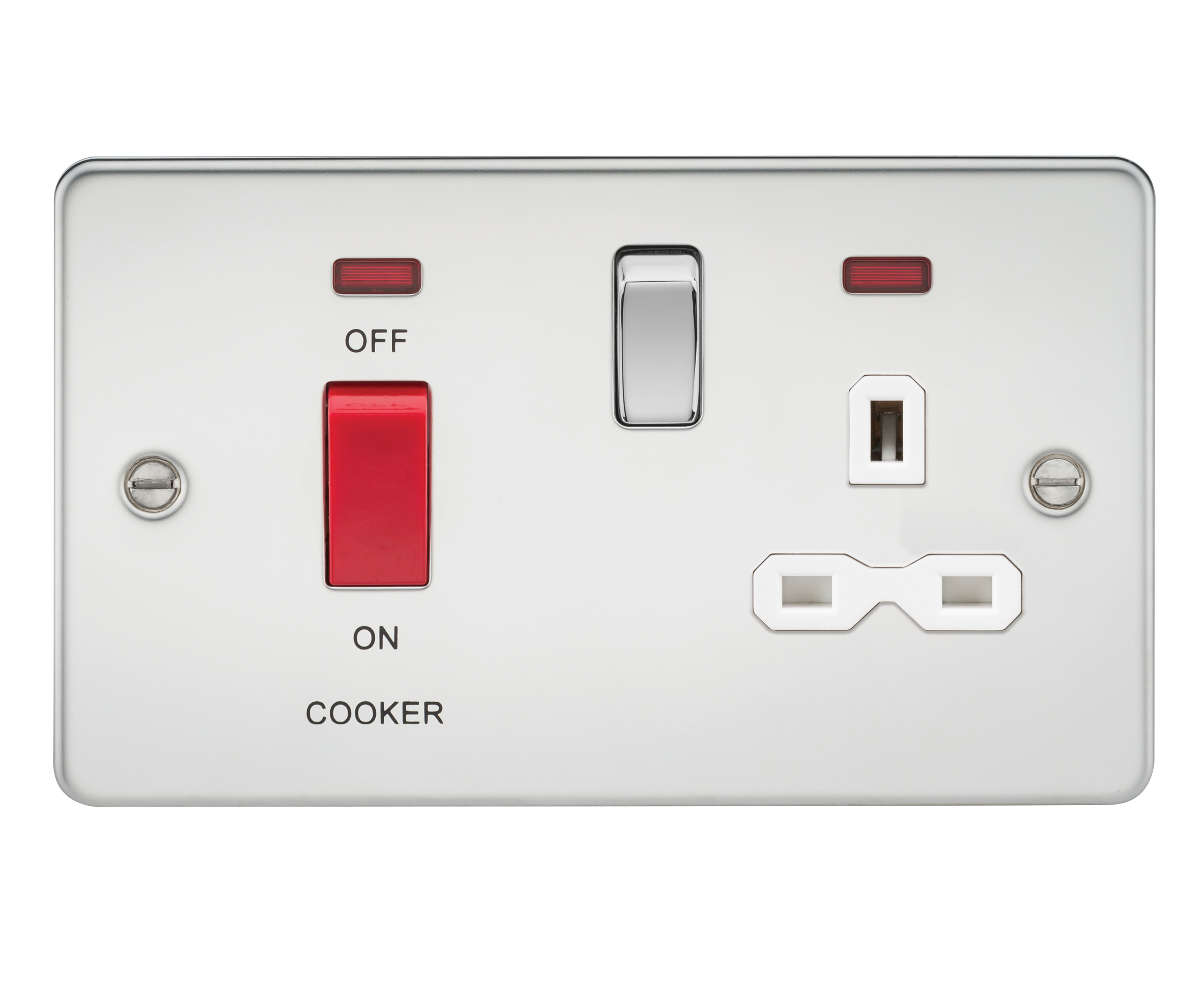 Flat Plate 45A DP Switch And 13A Switched Socket With Neon - Polished Chrome With White Insert - FPR8333NPCW 