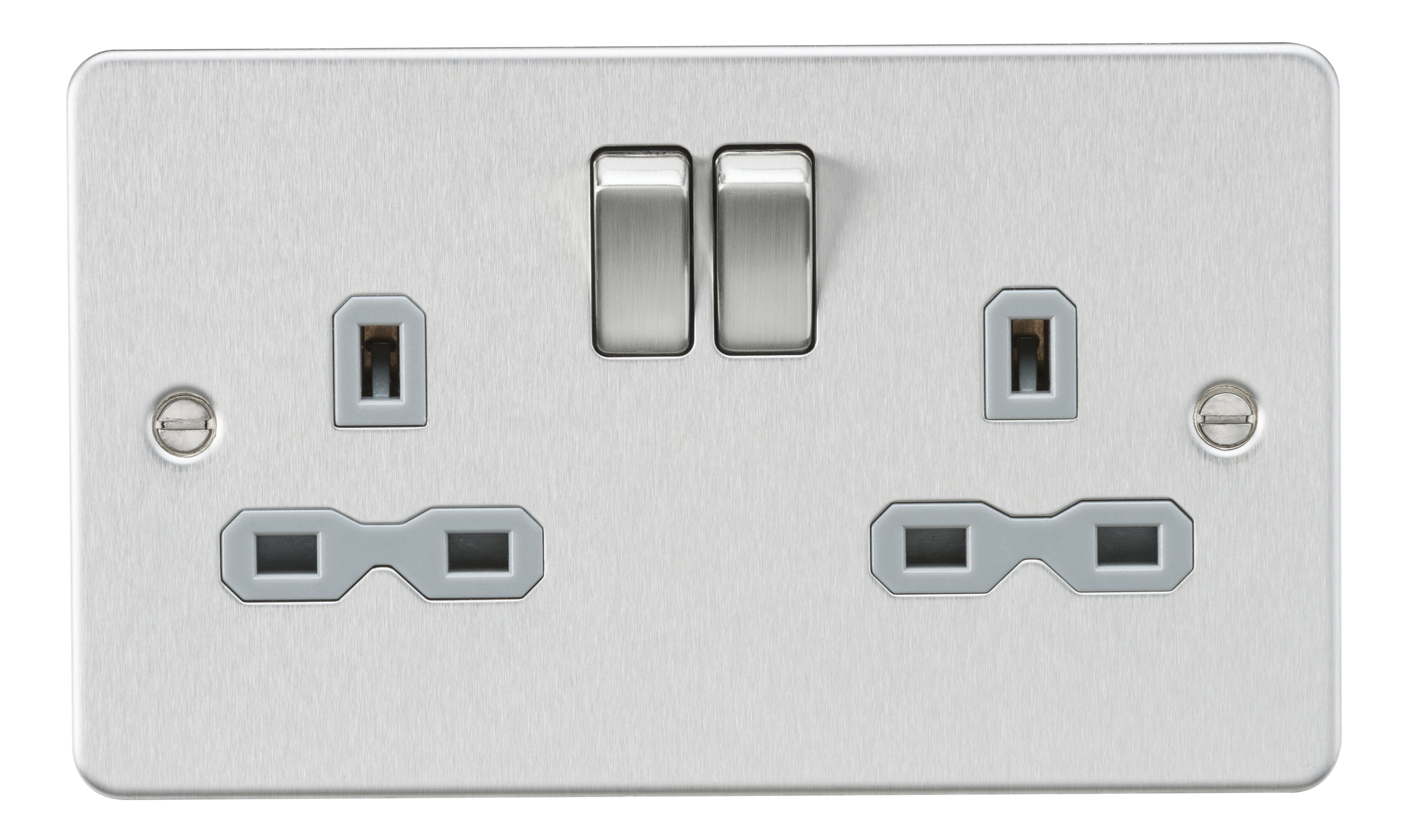 Flat Plate 13A 2G DP Switched Socket - Brushed Chrome With Grey Insert - FPR9000BCG 