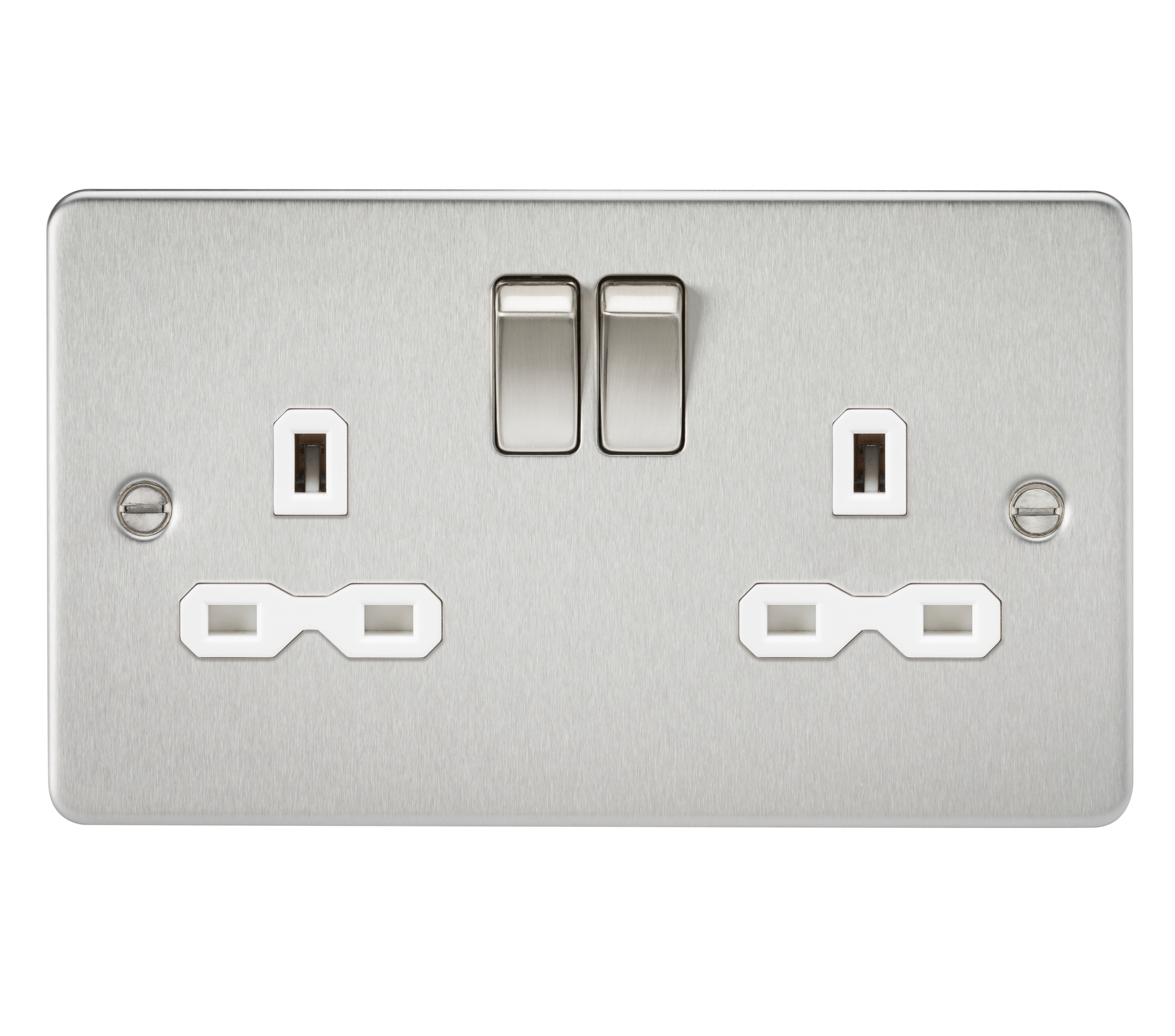 Flat Plate 13A 2G DP Switched Socket - Brushed Chrome With White Insert - FPR9000BCW 