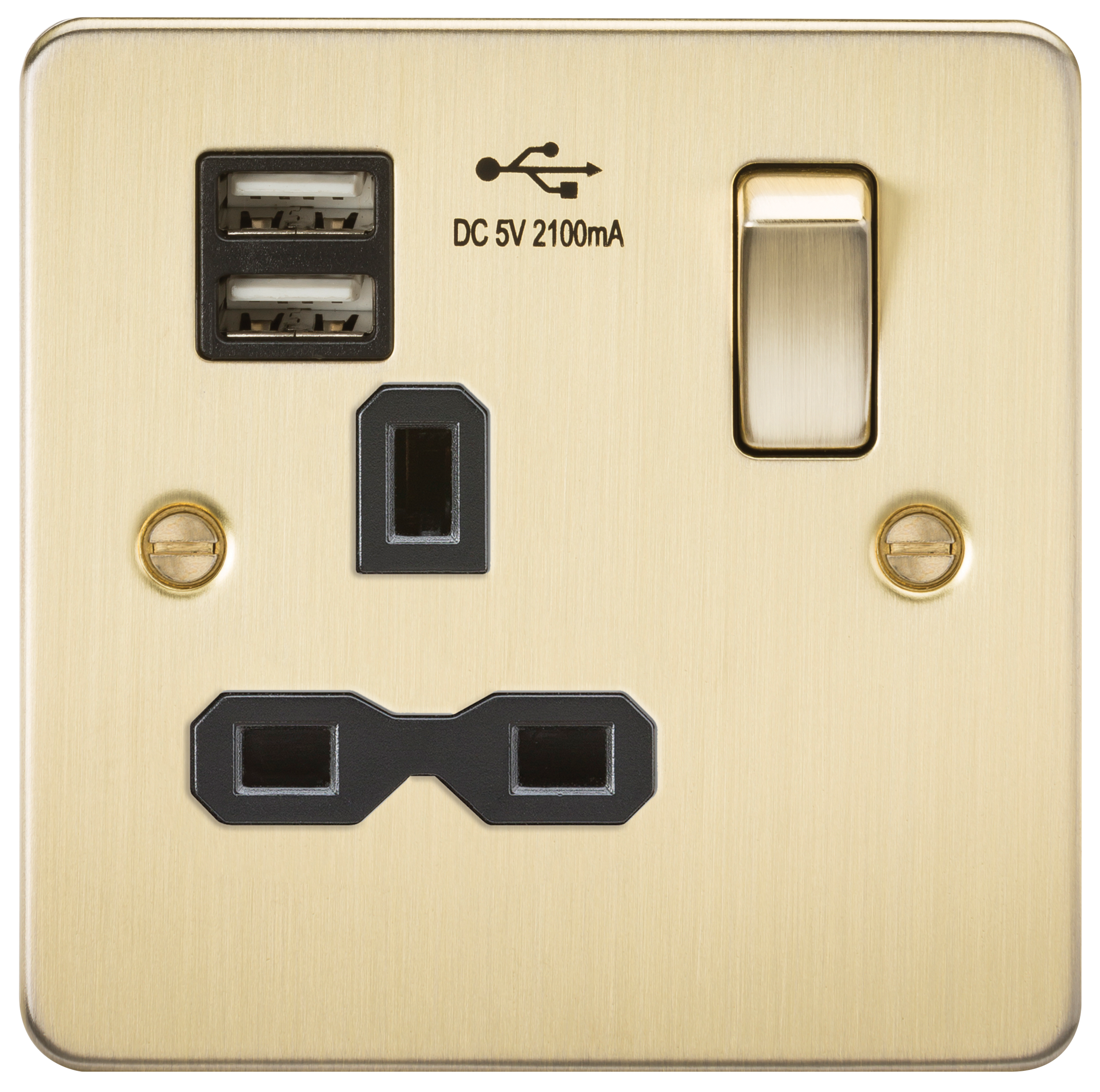 Flat Plate 13A 1G Switched Socket With Dual USB Charger - Brushed Brass With Black Insert - FPR9901BB 