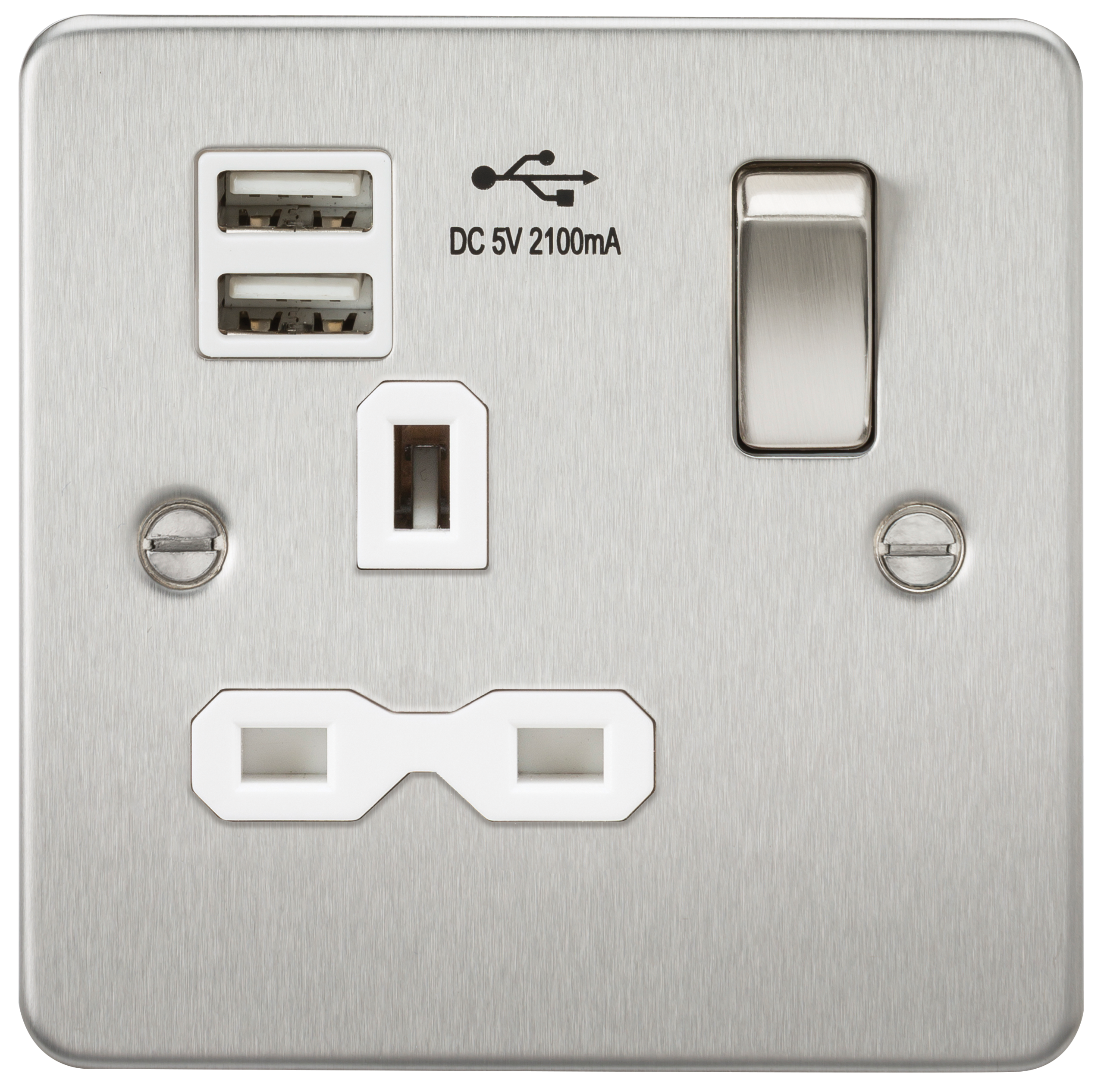 Flat Plate 13A 1G Switched Socket With Dual USB Charger - Brushed Chrome With White Insert - FPR9901BCW 