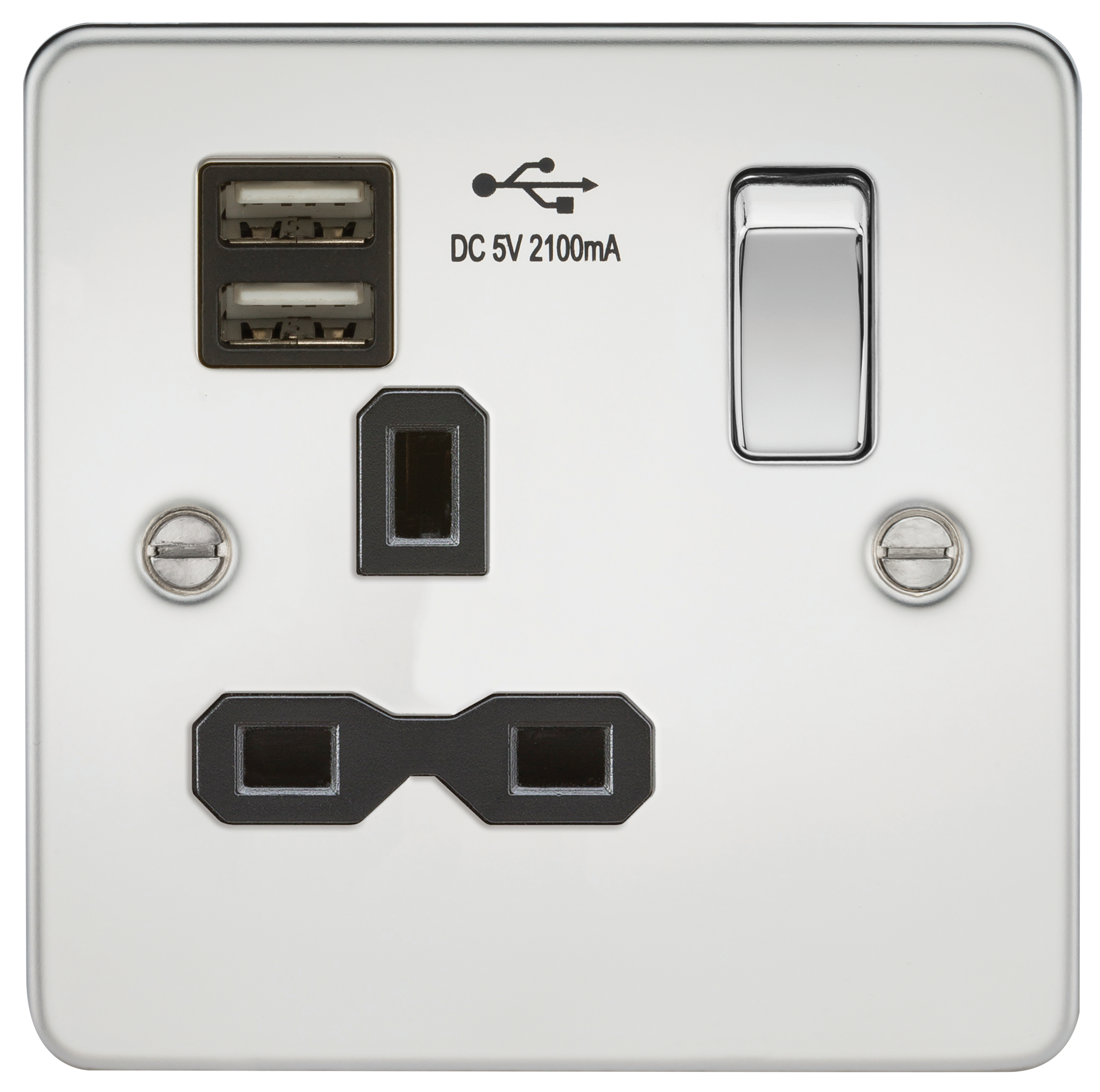 Flat Plate 13A 1G Switched Socket With Dual USB Charger - Polished Chrome With Black Insert - FPR9901PC 