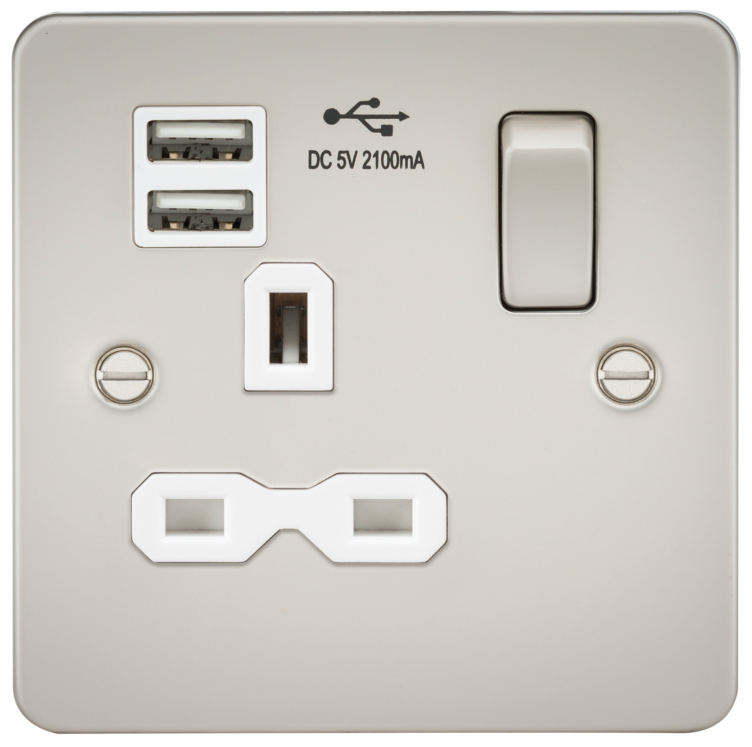 Flat Plate 13A 1G Switched Socket With Dual USB Charger - Pearl With White Insert - FPR9901PLW 