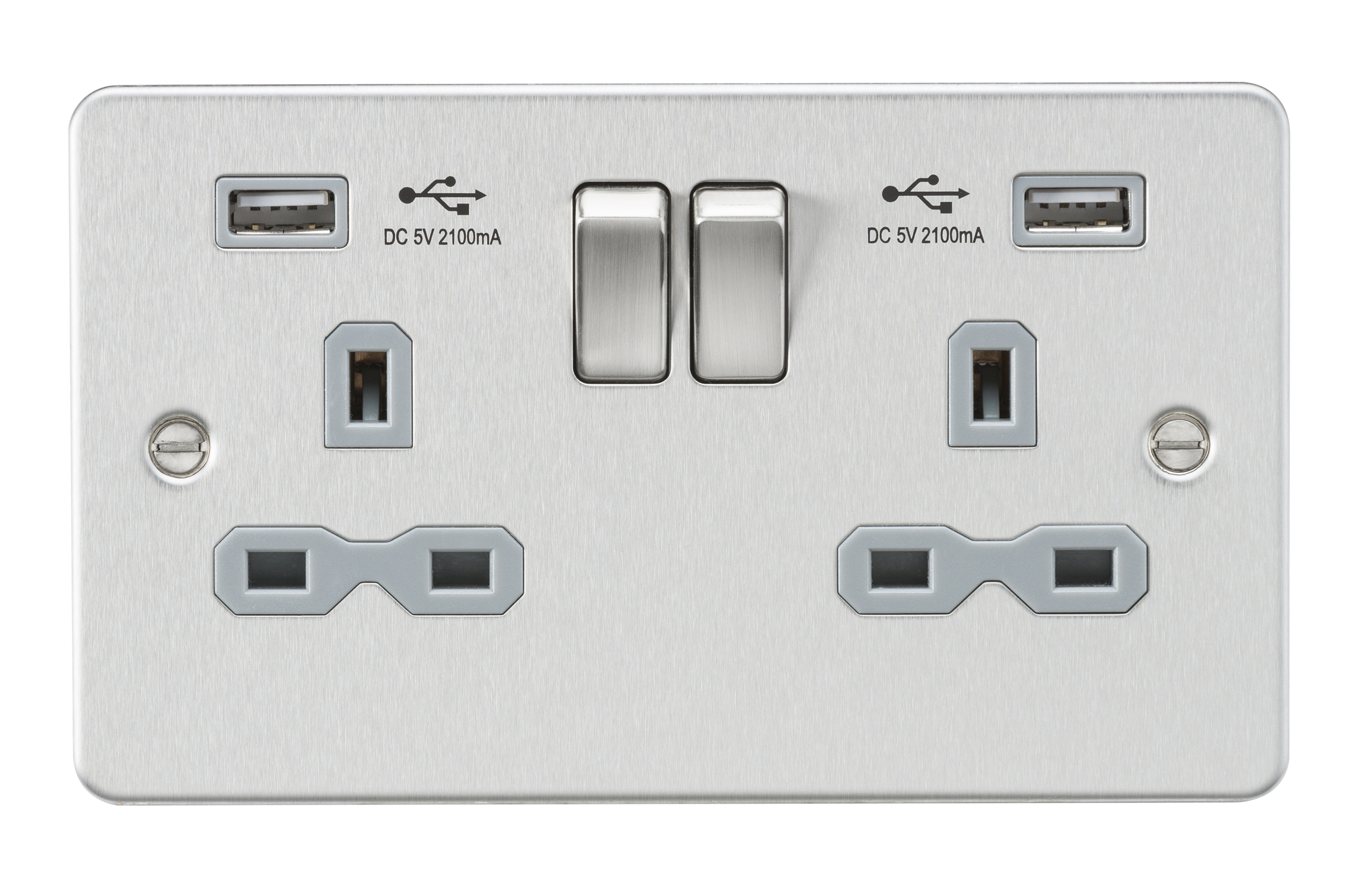 Flat Plate 13A 2G Switched Socket With Dual USB Charger - Brushed Chrome With Grey Insert - FPR9902BCG 