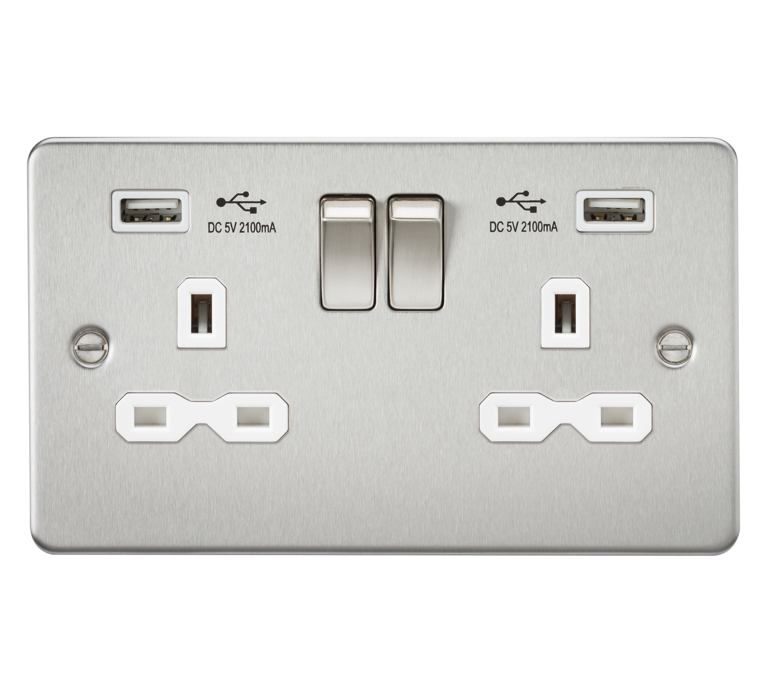 Flat Plate 13A 2G Switched Socket With Dual USB Charger - Brushed Chrome With White Insert - FPR9902BCW 