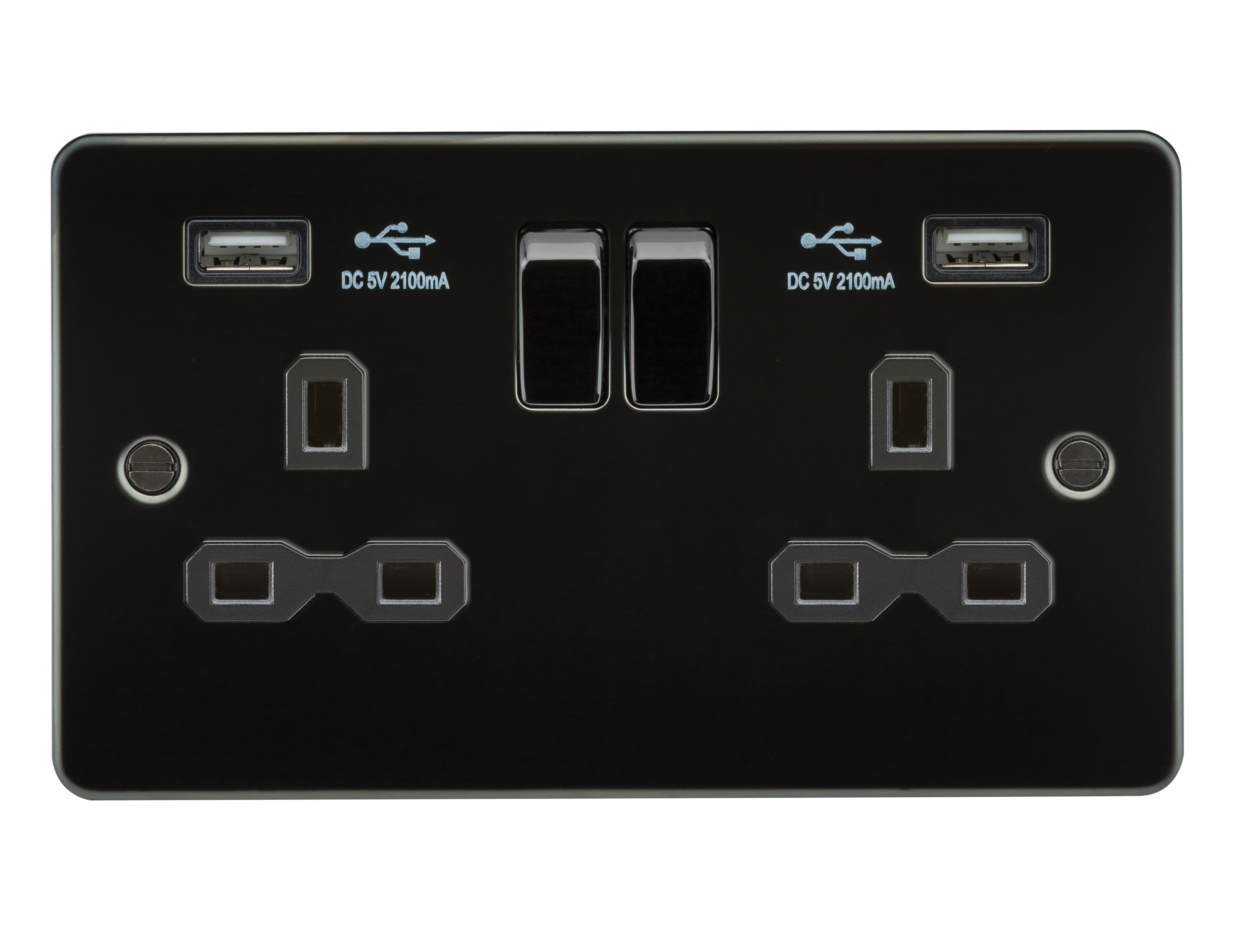 Flat Plate 13A 2G Switched Socket With Dual USB Charger - Gunmetal With Black Insert - FPR9902GM 