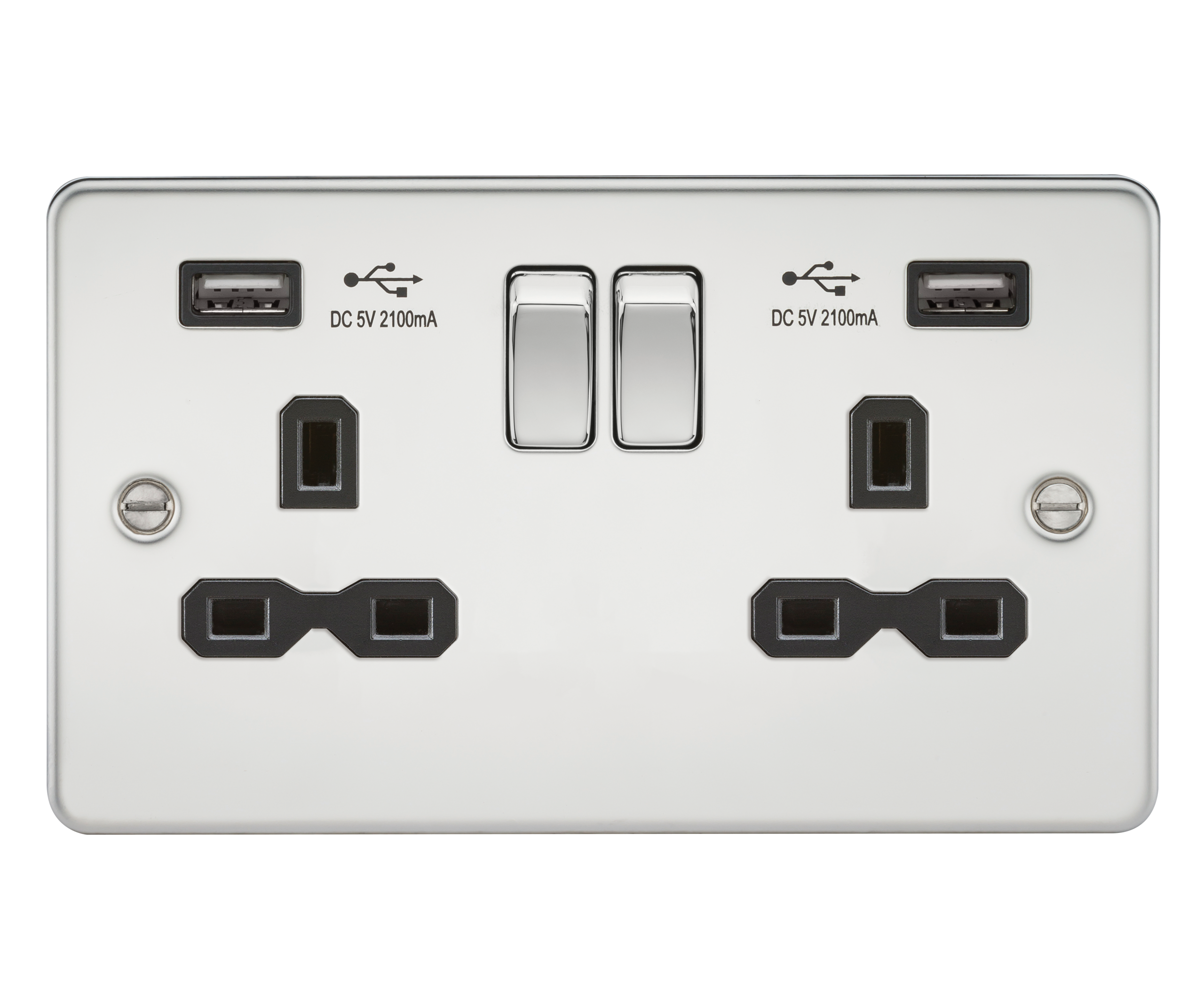Flat Plate 13A 2G Switched Socket With Dual USB Charger - Polished Chrome With Black Insert - FPR9902PC 