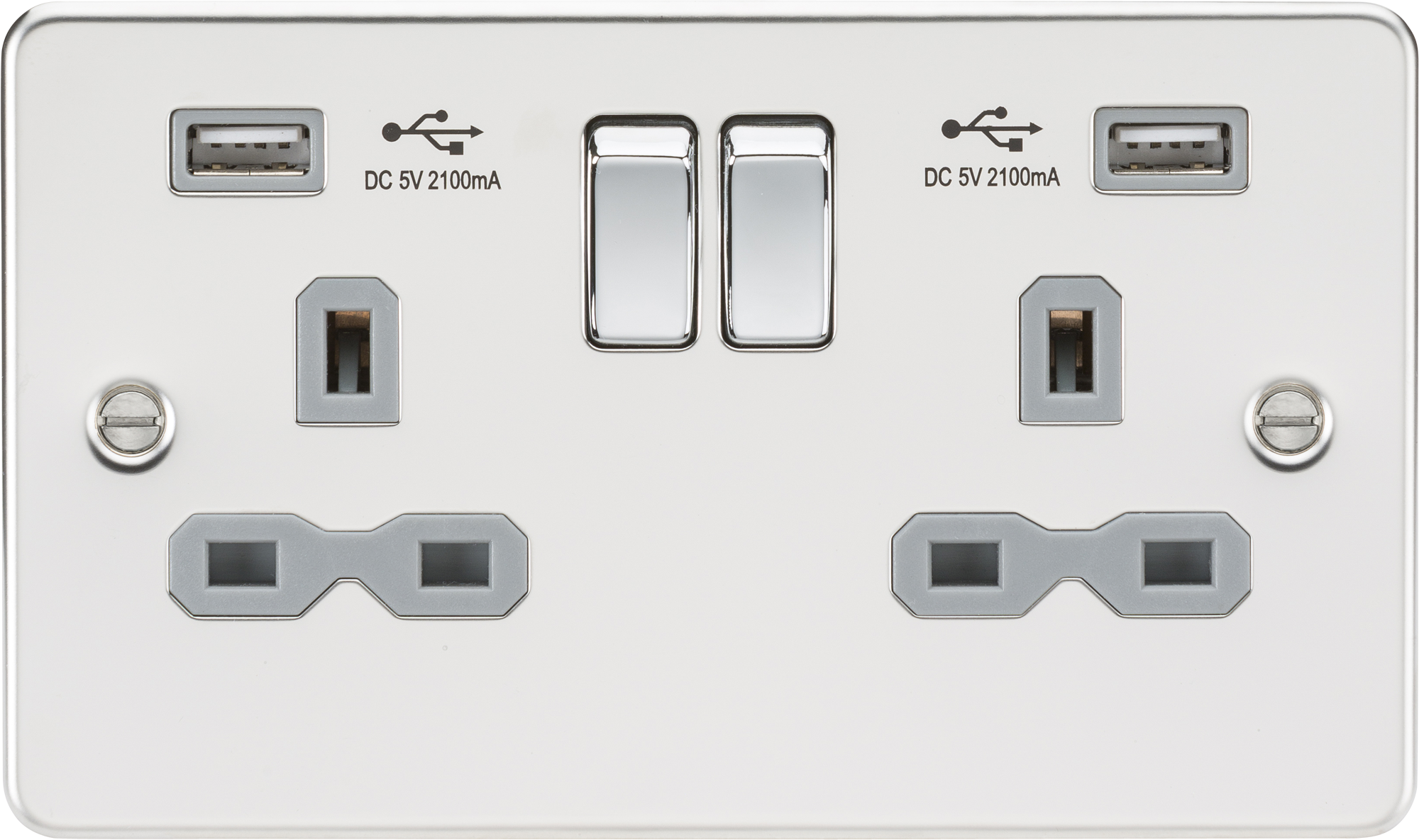 Flat Plate 13A 2G Switched Socket With Dual USB Charger - Polished Chrome With Grey Insert - FPR9902PCG 