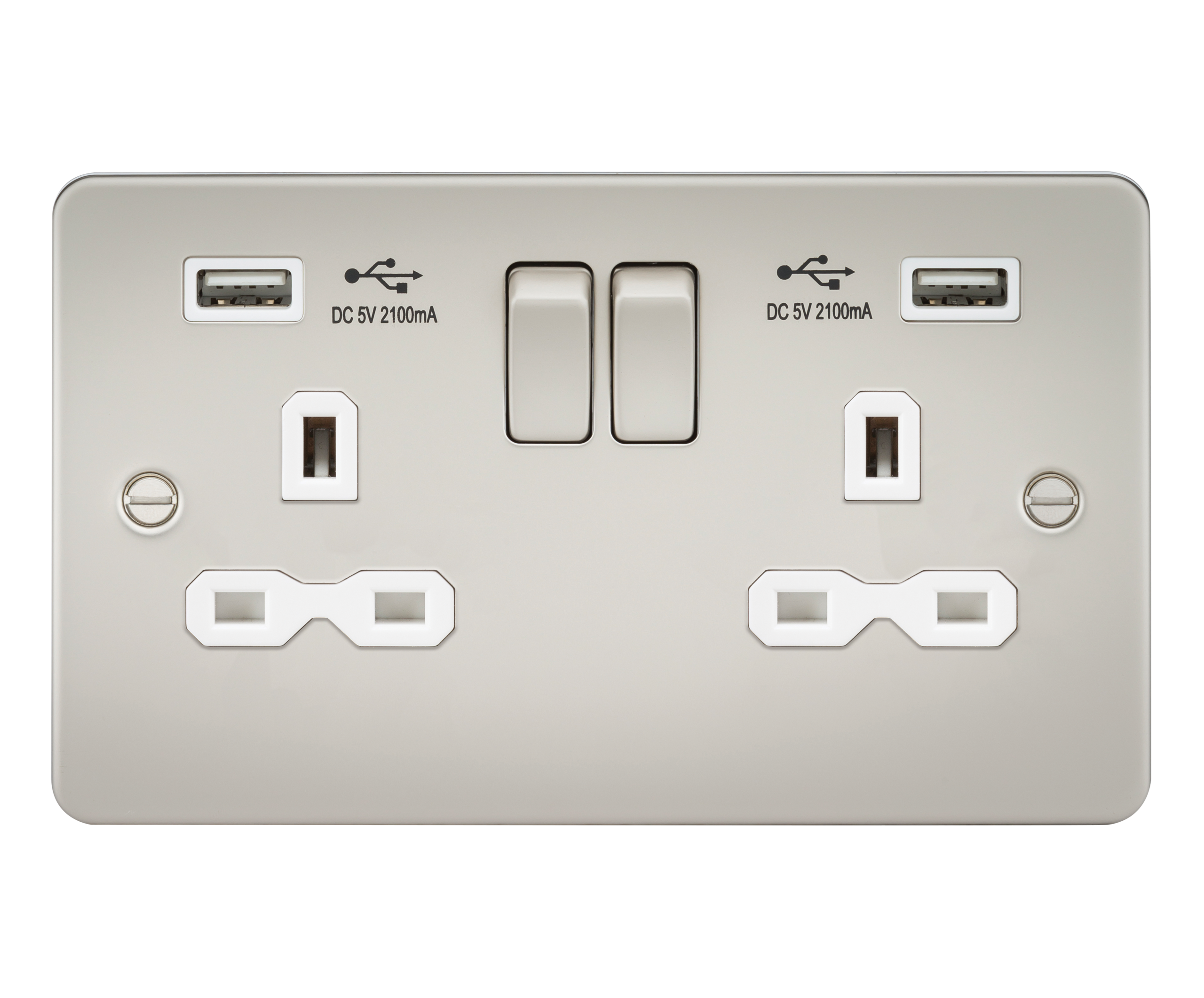 Flat Plate 13A 2G Switched Socket With Dual USB Charger - Pearl With White Insert - FPR9902PLW 
